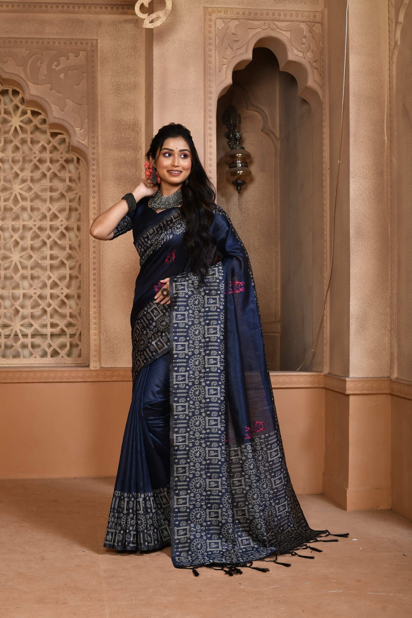 Jyoti Fashion Women's Navy Blue Handloom Raw Silk Weaving Pallu Traditional Saree with Blouse | Swadesiicart