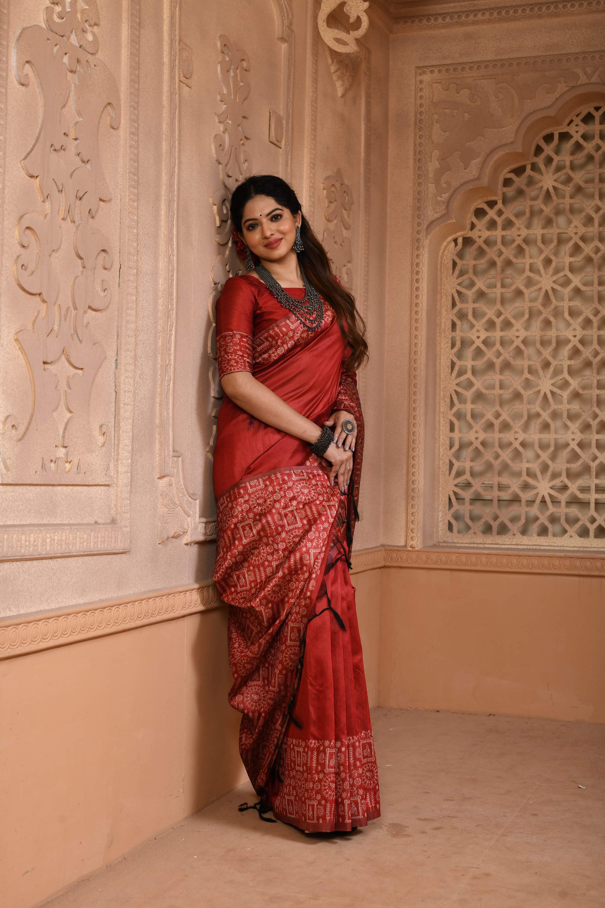 Jyoti Fashion Women's Red Handloom Raw Silk Weaving Pallu Traditional Saree with Blouse | Swadesiicart
