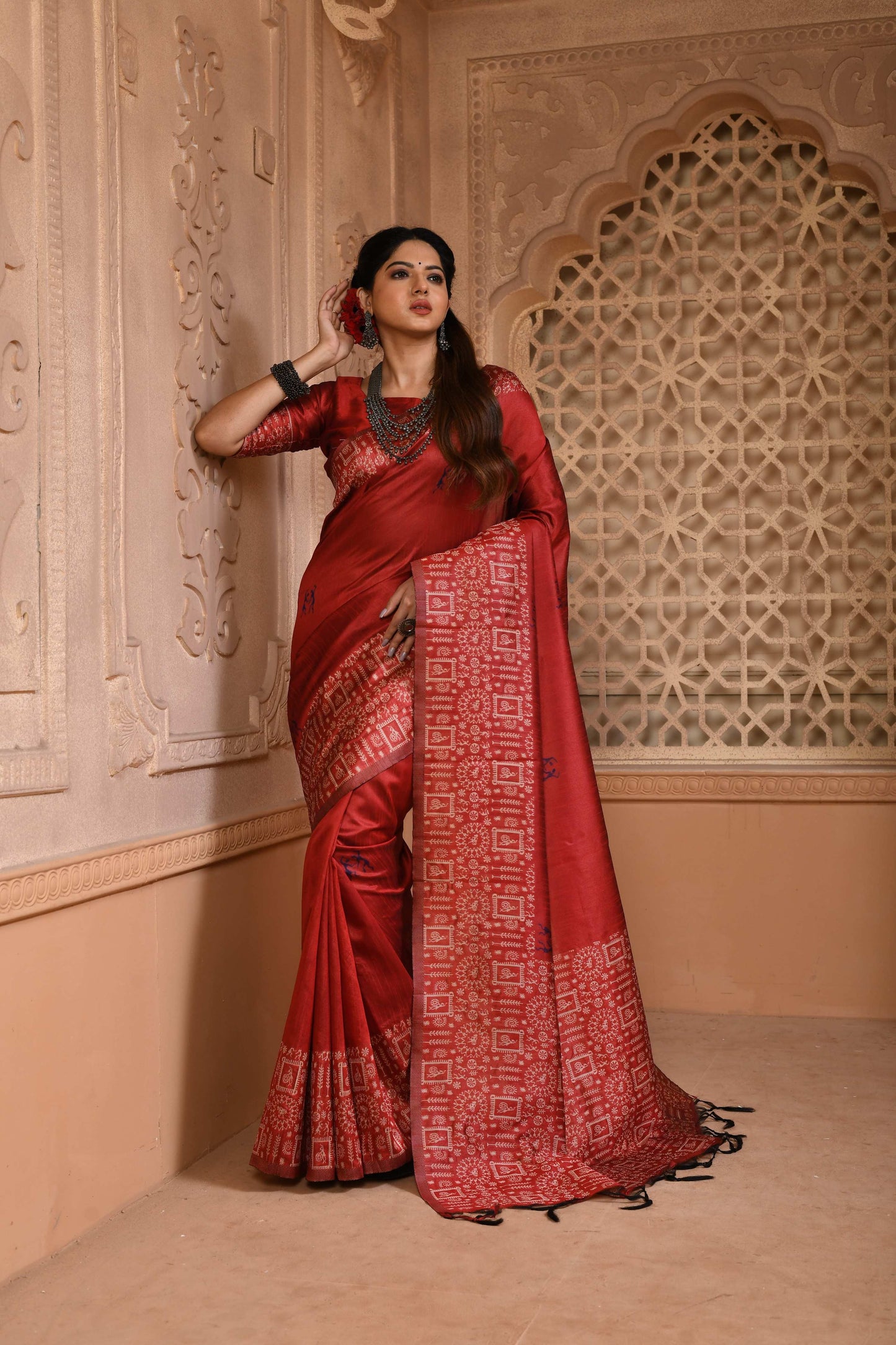 Jyoti Fashion Women's Red Handloom Raw Silk Weaving Pallu Traditional Saree with Blouse | Swadesiicart
