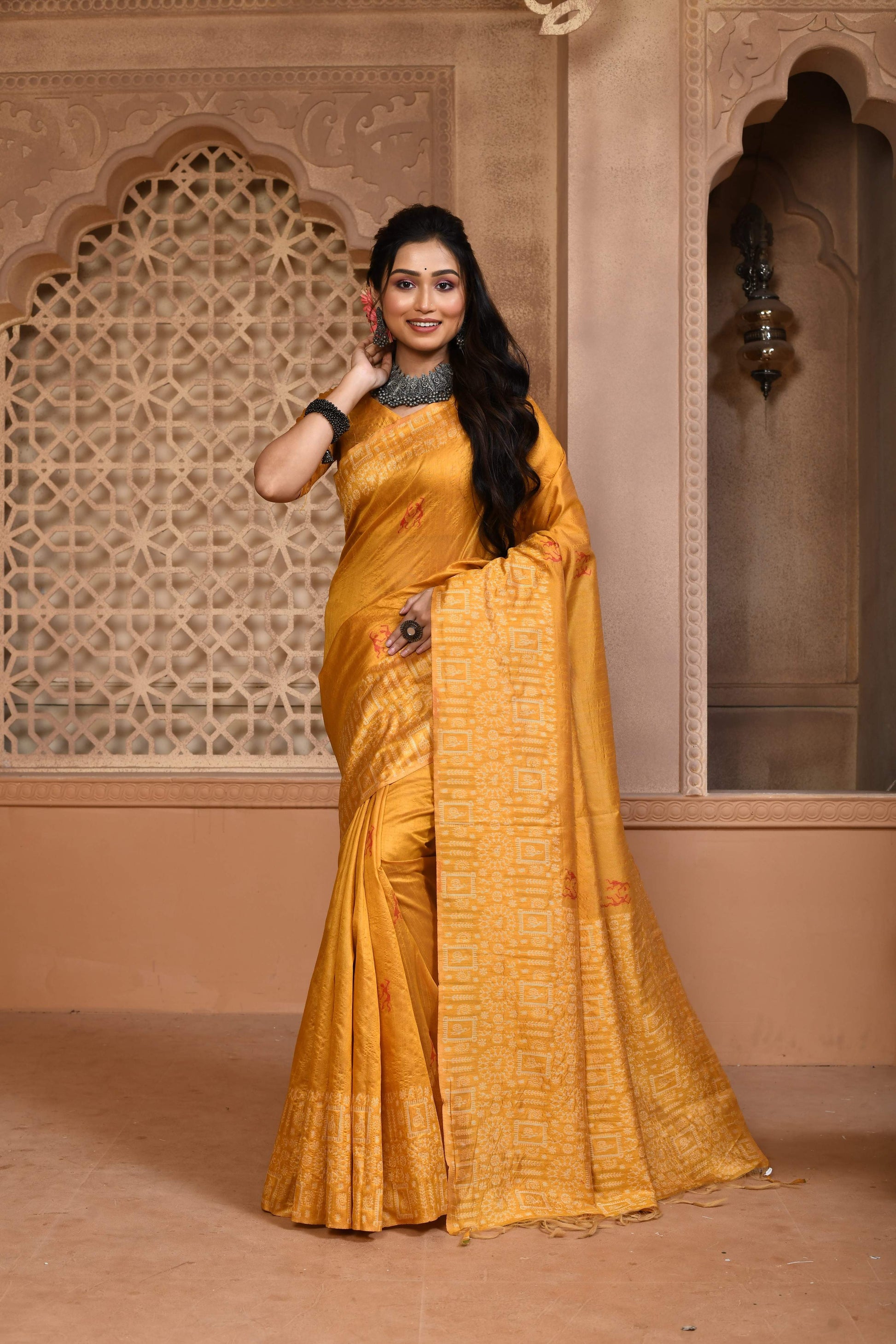Jyoti Fashion Women's Mustard Handloom Raw Silk Weaving Pallu Traditional Saree with Blouse | Swadesiicart