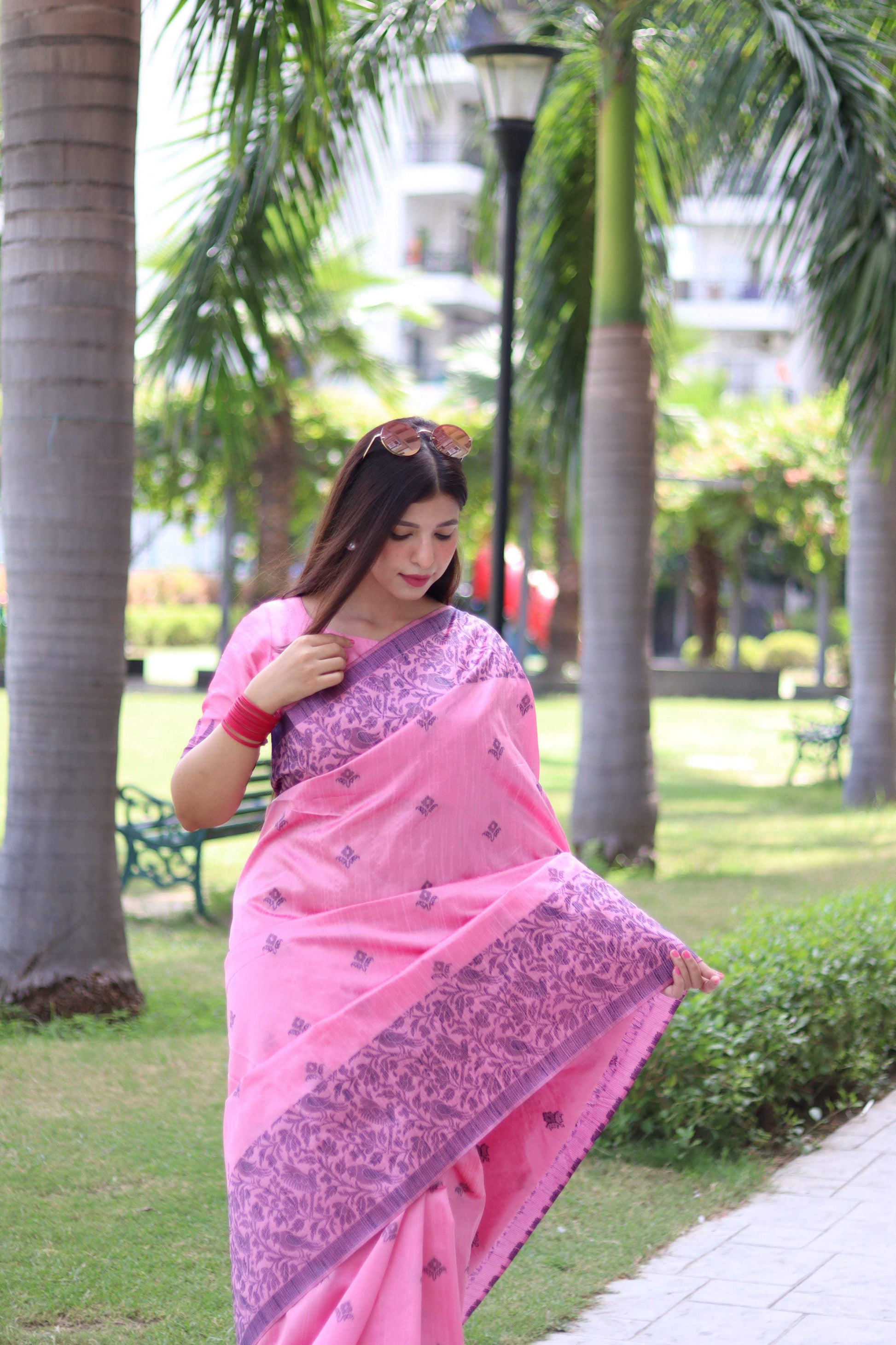 Jyoti Fashion Women's Baby Pink Handloom Raw Silk Weaving Pallu Traditional Saree with Blouse | Swadesiicart
