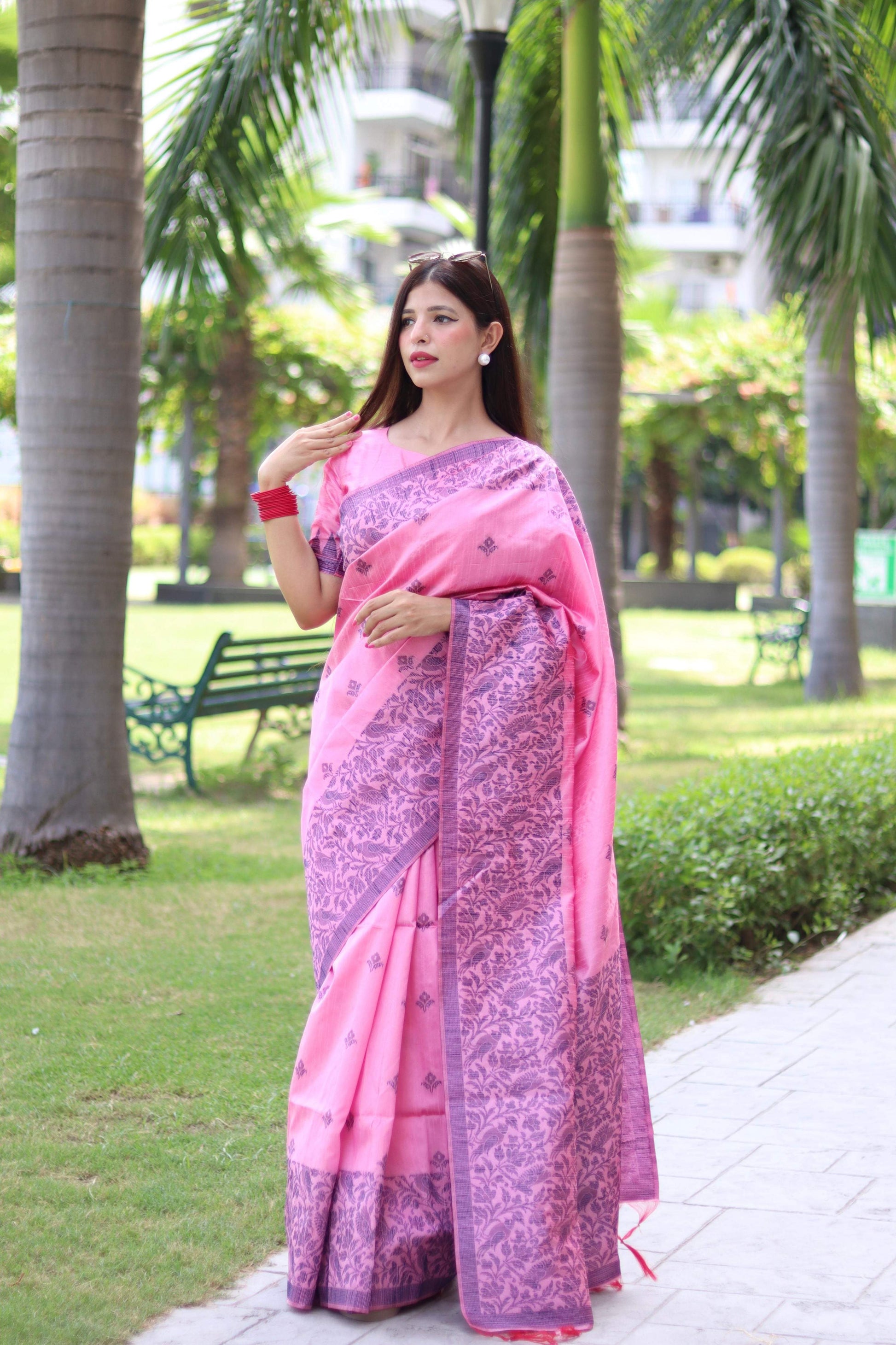 Jyoti Fashion Women's Baby Pink Handloom Raw Silk Weaving Pallu Traditional Saree with Blouse | Swadesiicart