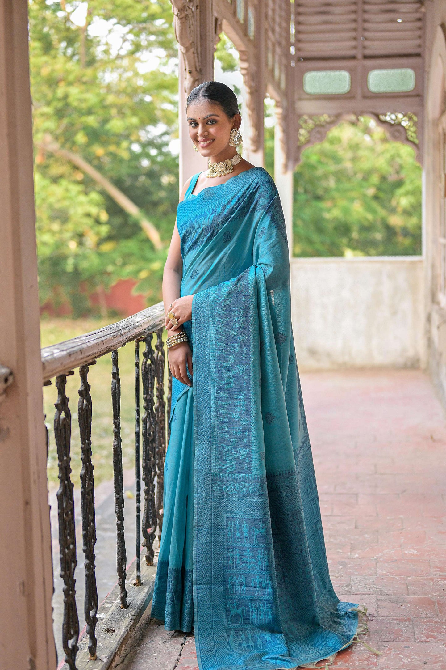 Jyoti Fashion Women's Sky Blue Handloom Raw Silk Weaving Pallu Traditional Saree with Blouse | Swadesiicart
