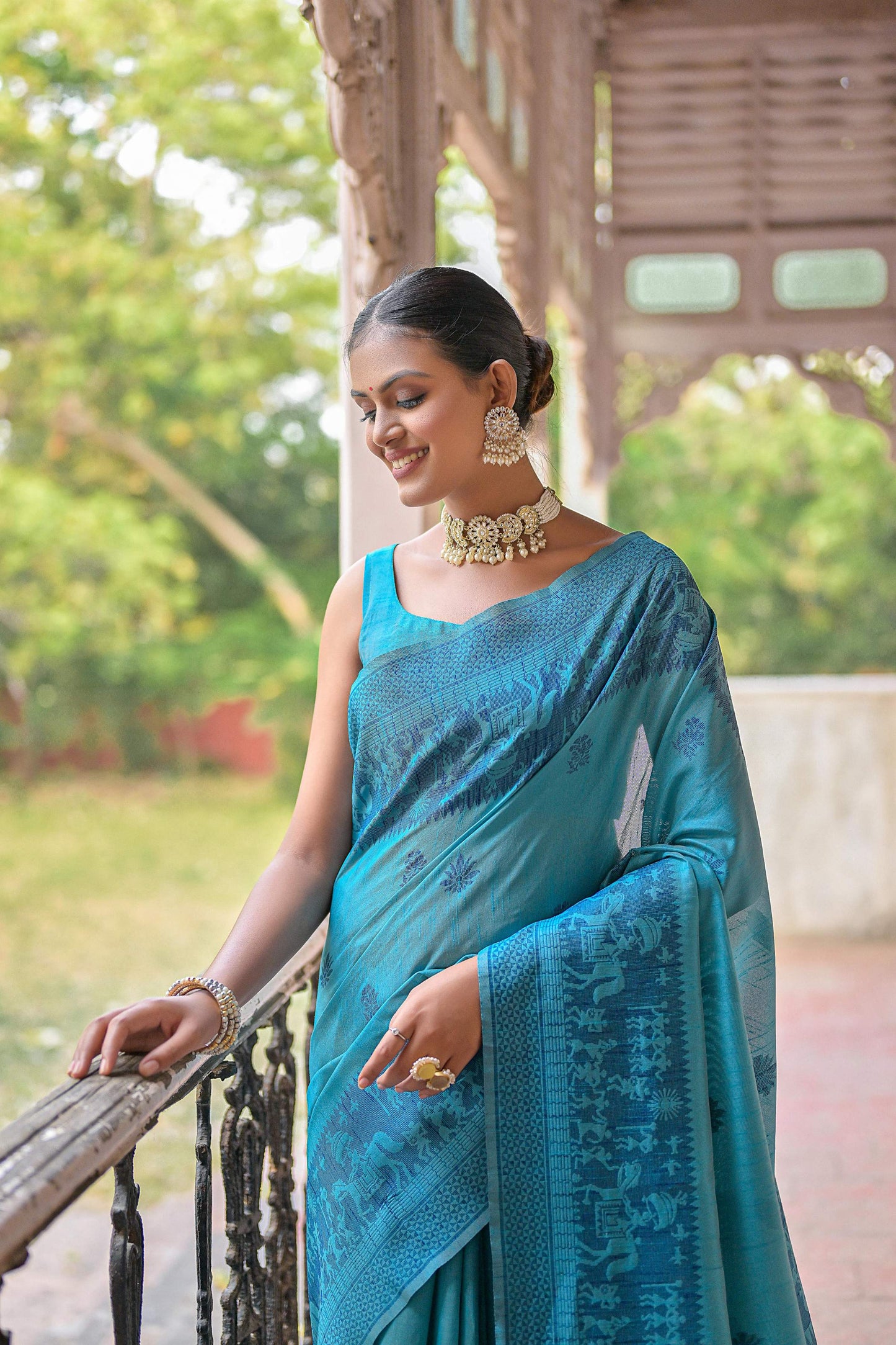Jyoti Fashion Women's Sky Blue Handloom Raw Silk Weaving Pallu Traditional Saree with Blouse | Swadesiicart