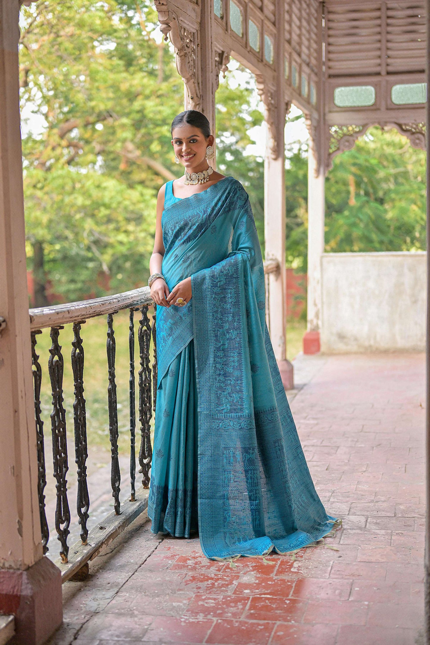 Jyoti Fashion Women's Sky Blue Handloom Raw Silk Weaving Pallu Traditional Saree with Blouse | Swadesiicart