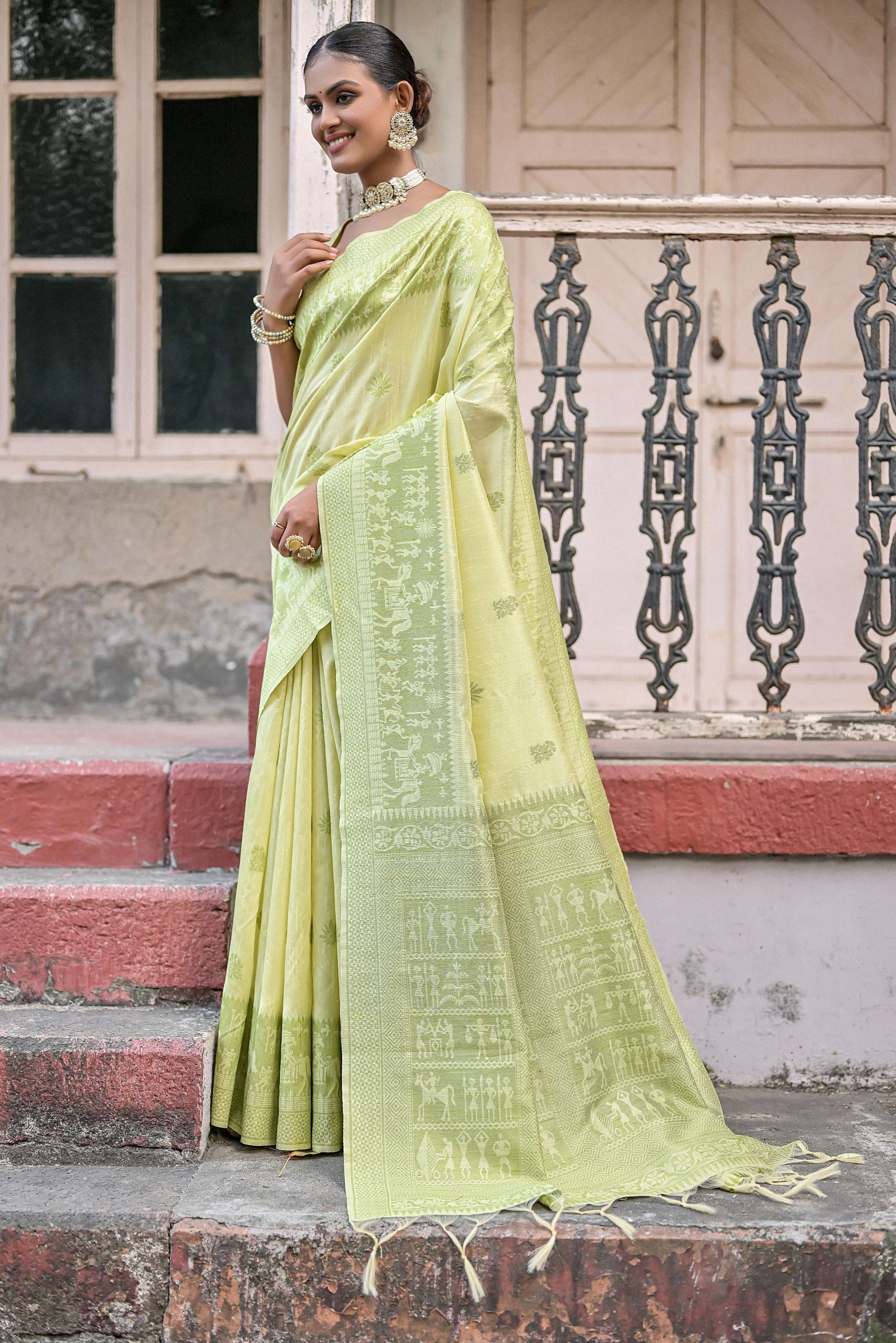 Jyoti Fashion Women's Light Green Handloom Raw Silk Weaving Pallu Traditional Saree with Blouse | Swadesiicart