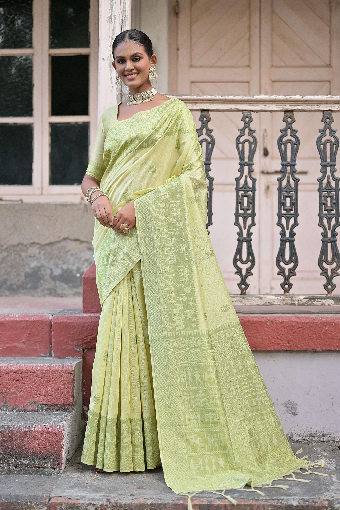 Jyoti Fashion Women's Light Green Handloom Raw Silk Weaving Pallu Traditional Saree with Blouse | Swadesiicart