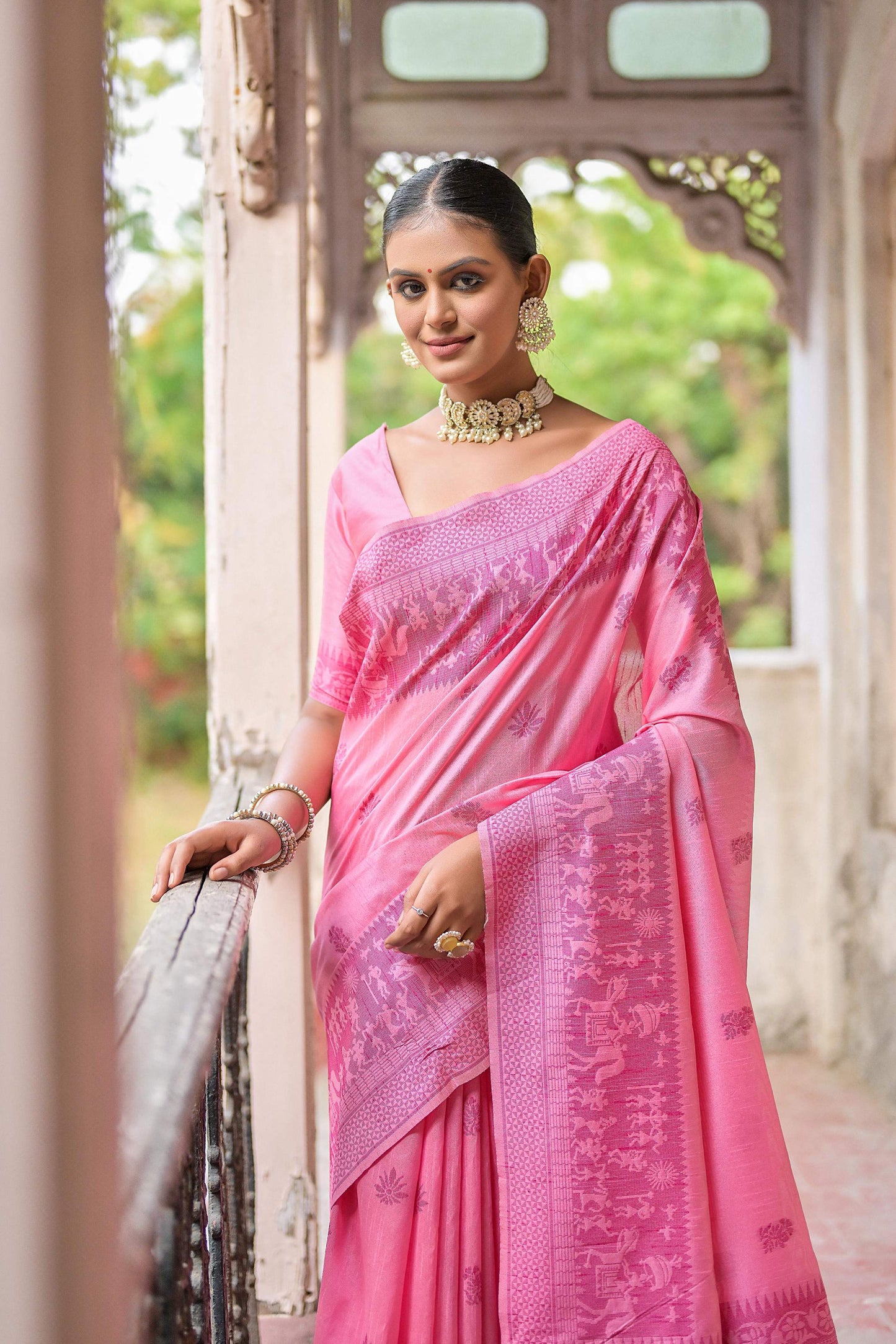 Jyoti Fashion Women's Pink Handloom Raw Silk Weaving Pallu Traditional Saree with Blouse | Swadesiicart