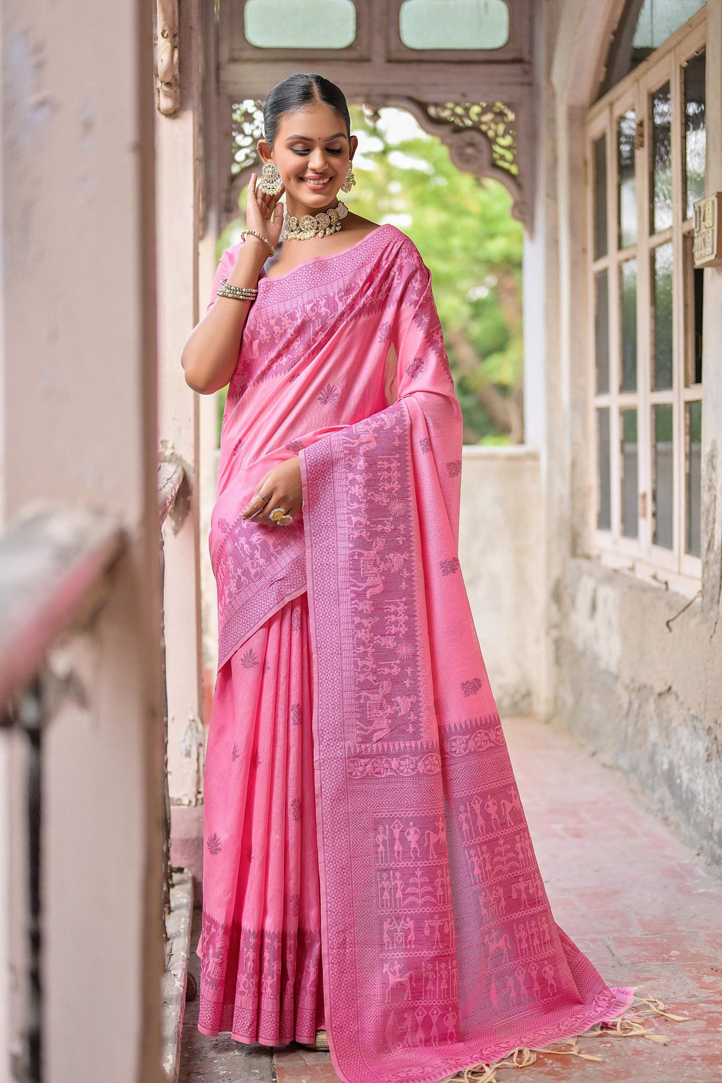 Jyoti Fashion Women's Pink Handloom Raw Silk Weaving Pallu Traditional Saree with Blouse | Swadesiicart