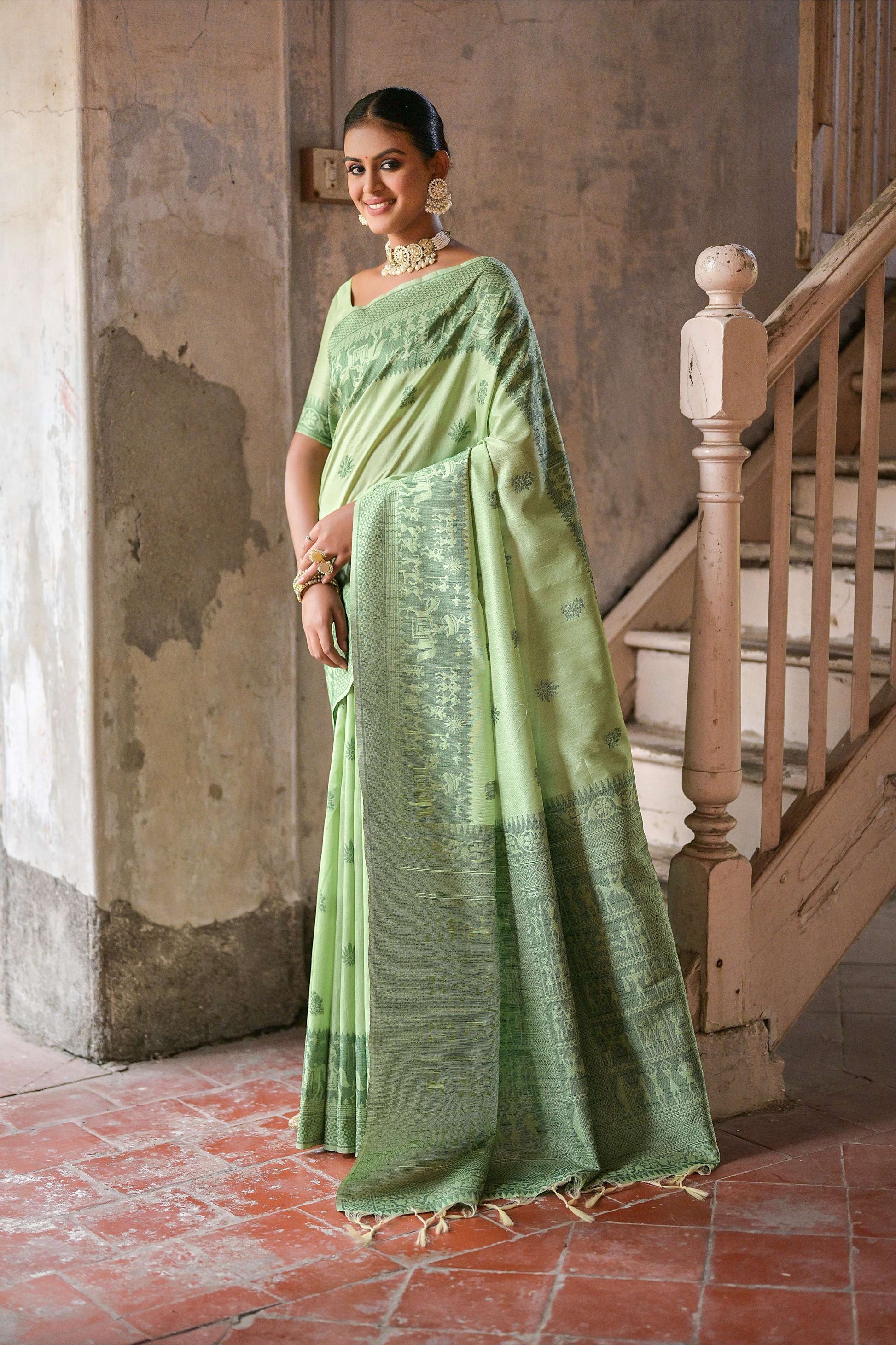 Jyoti Fashion Women's Pista Green Handloom Raw Silk Weaving Pallu Traditional Saree with Blouse | Swadesiicart