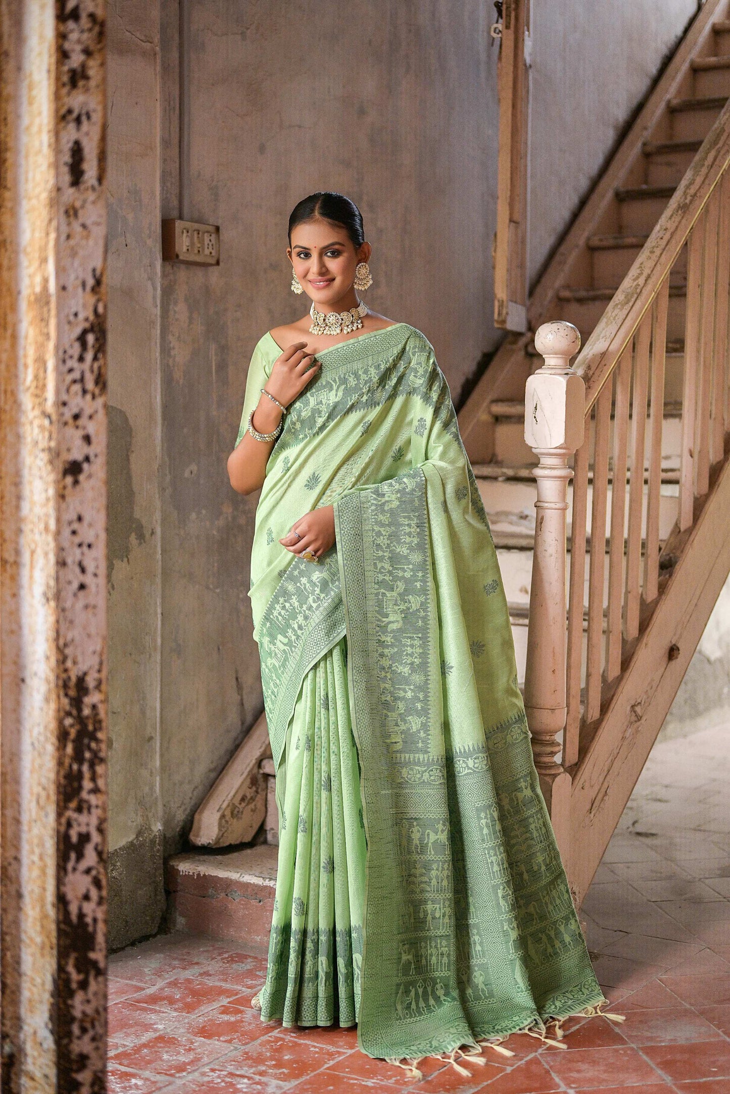 Jyoti Fashion Women's Pista Green Handloom Raw Silk Weaving Pallu Traditional Saree with Blouse | Swadesiicart