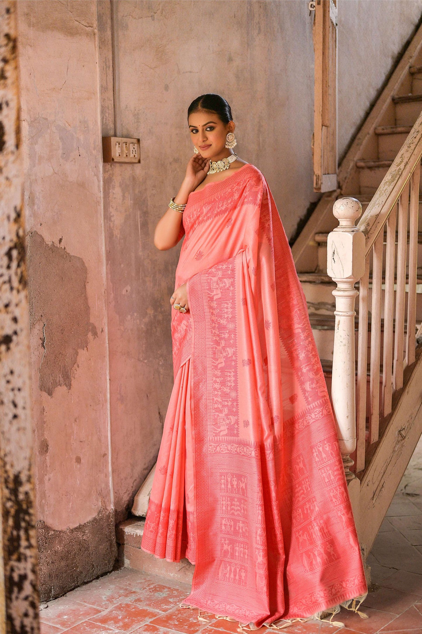 Jyoti Fashion Women's Coral Handloom Raw Silk Weaving Pallu Traditional Saree with Blouse | Swadesiicart
