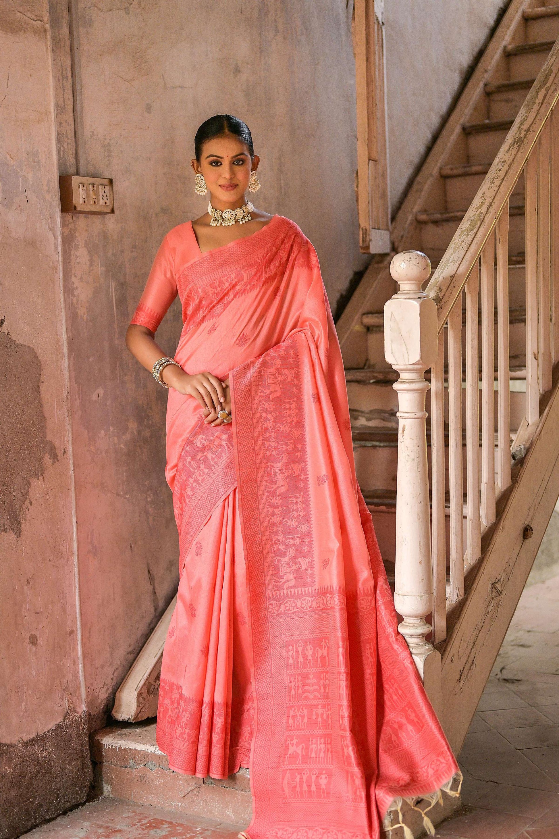Jyoti Fashion Women's Coral Handloom Raw Silk Weaving Pallu Traditional Saree with Blouse | Swadesiicart