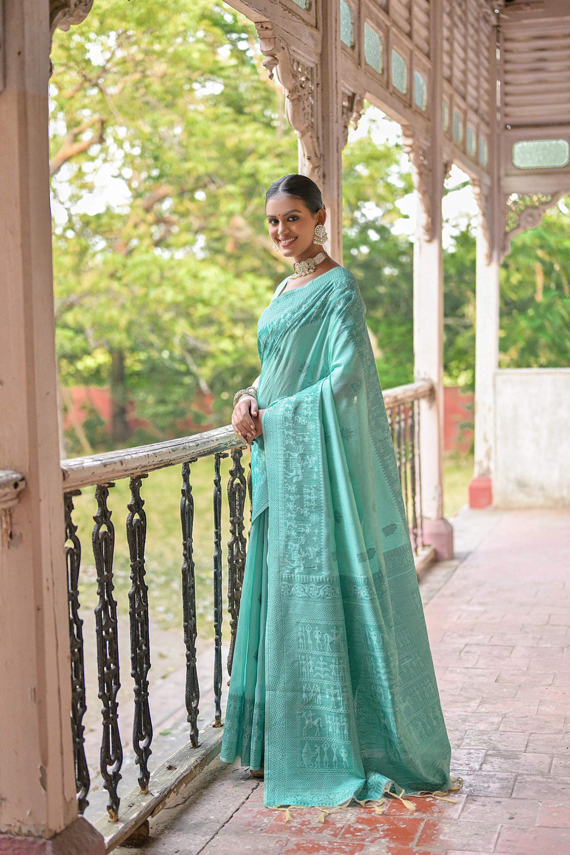 Jyoti Fashion Women's Sea Green Handloom Raw Silk Weaving Pallu Traditional Saree with Blouse | Swadesiicart