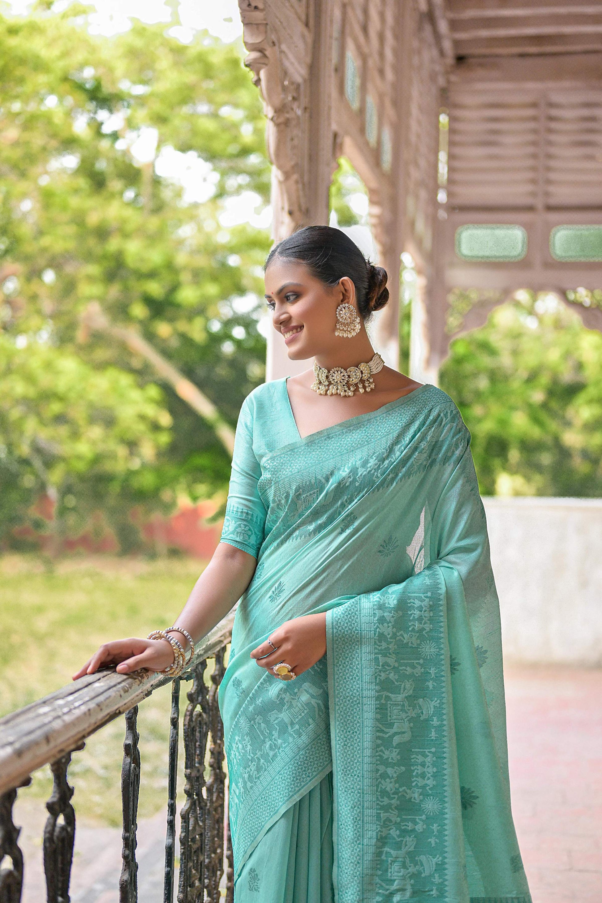 Jyoti Fashion Women's Sea Green Handloom Raw Silk Weaving Pallu Traditional Saree with Blouse | Swadesiicart