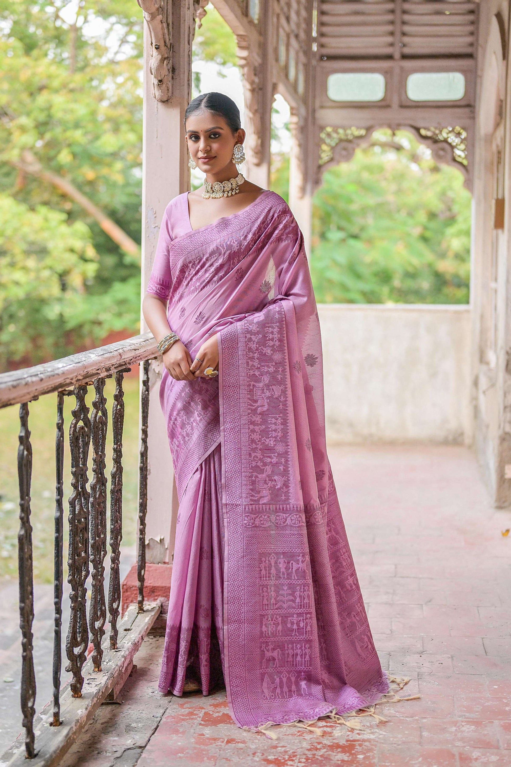 Jyoti Fashion Women's Purple Handloom Raw Silk Weaving Pallu Traditional Saree with Blouse | Swadesiicart