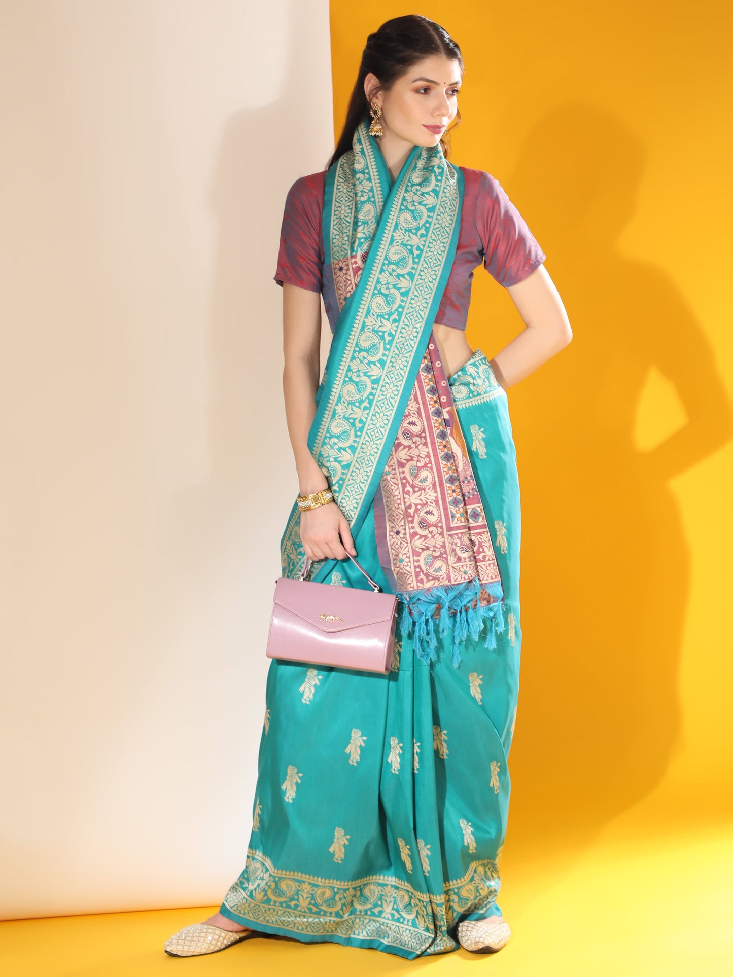 Jyoti Fashion Women's Firozi Soft Raw Silk Tow Tone Weaving Traditional Saree with Blouse | Swadesiicart