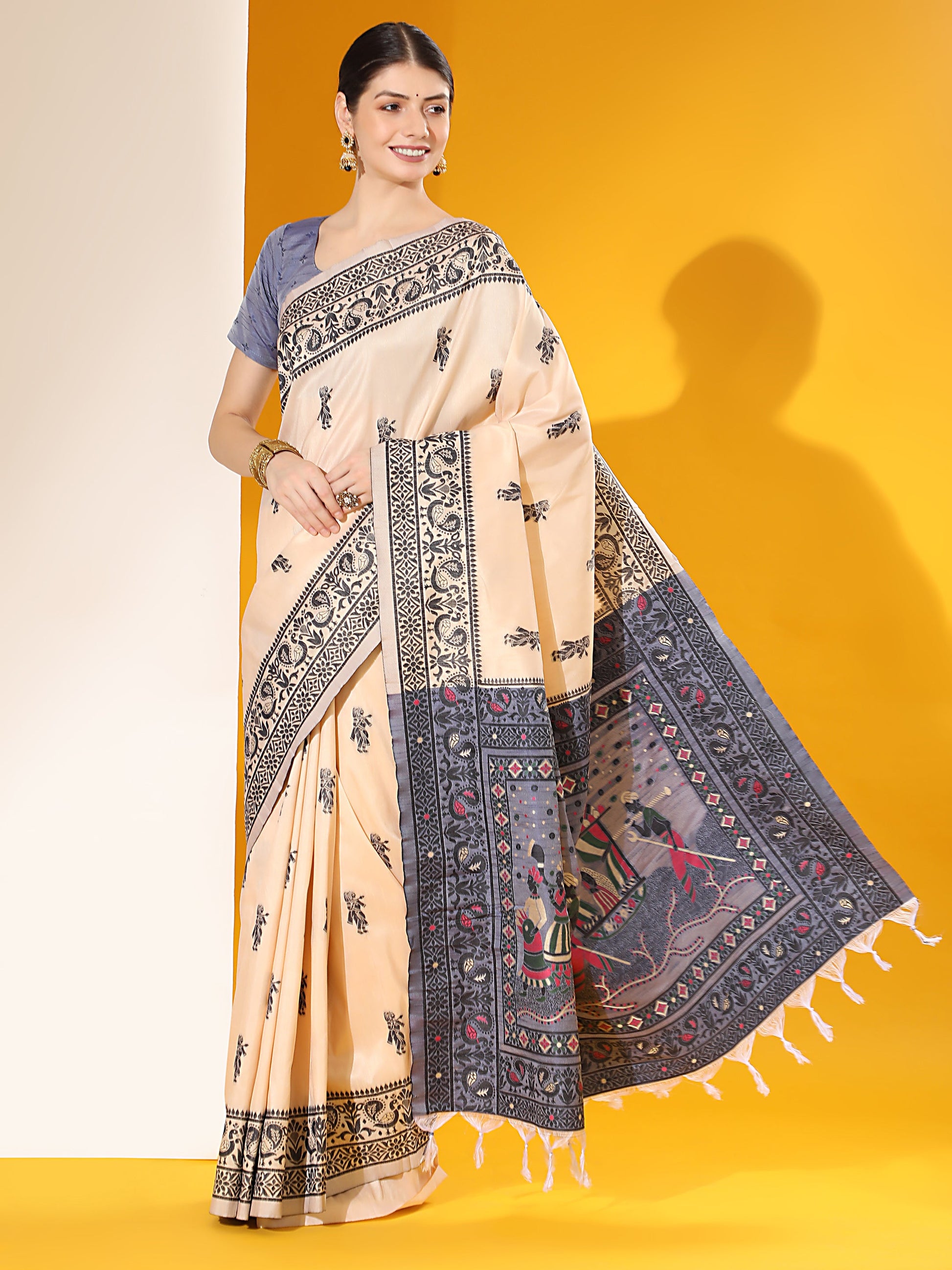 Jyoti Fashion Women's Off White Soft Raw Silk Tow Tone Weaving Traditional Saree with Blouse | Swadesiicart