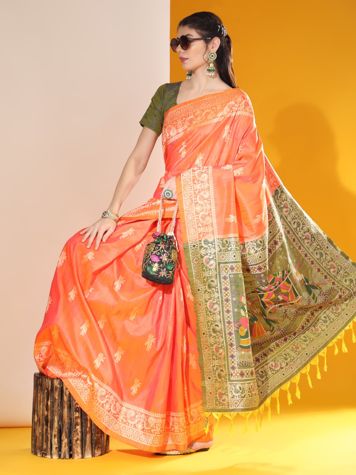 Jyoti Fashion Women's Orange Soft Raw Silk Tow Tone Weaving Traditional Saree with Blouse | Swadesiicart