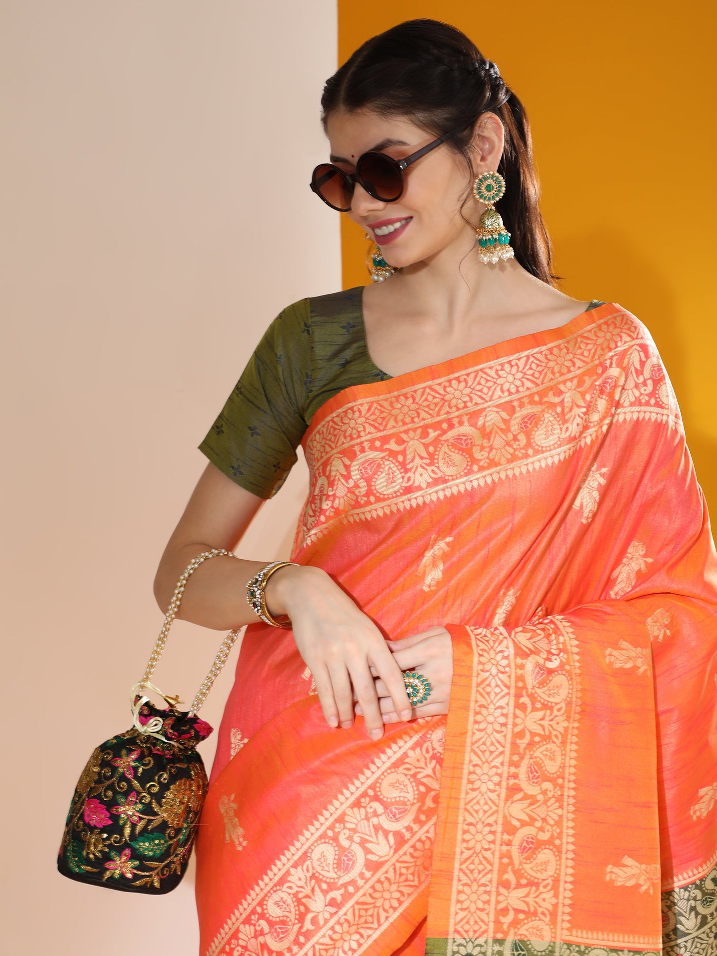 Jyoti Fashion Women's Orange Soft Raw Silk Tow Tone Weaving Traditional Saree with Blouse | Swadesiicart