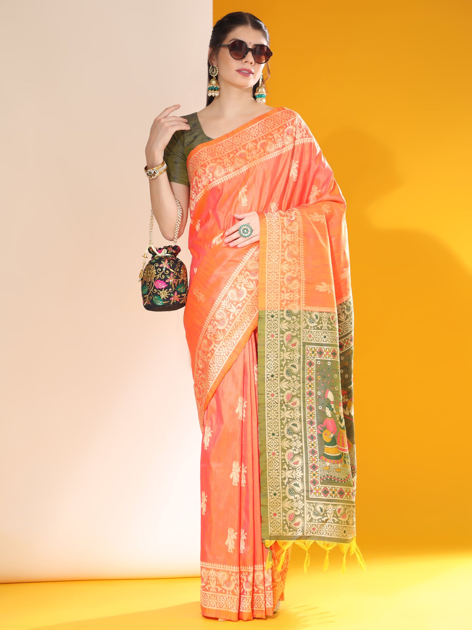 Jyoti Fashion Women's Orange Soft Raw Silk Tow Tone Weaving Traditional Saree with Blouse | Swadesiicart