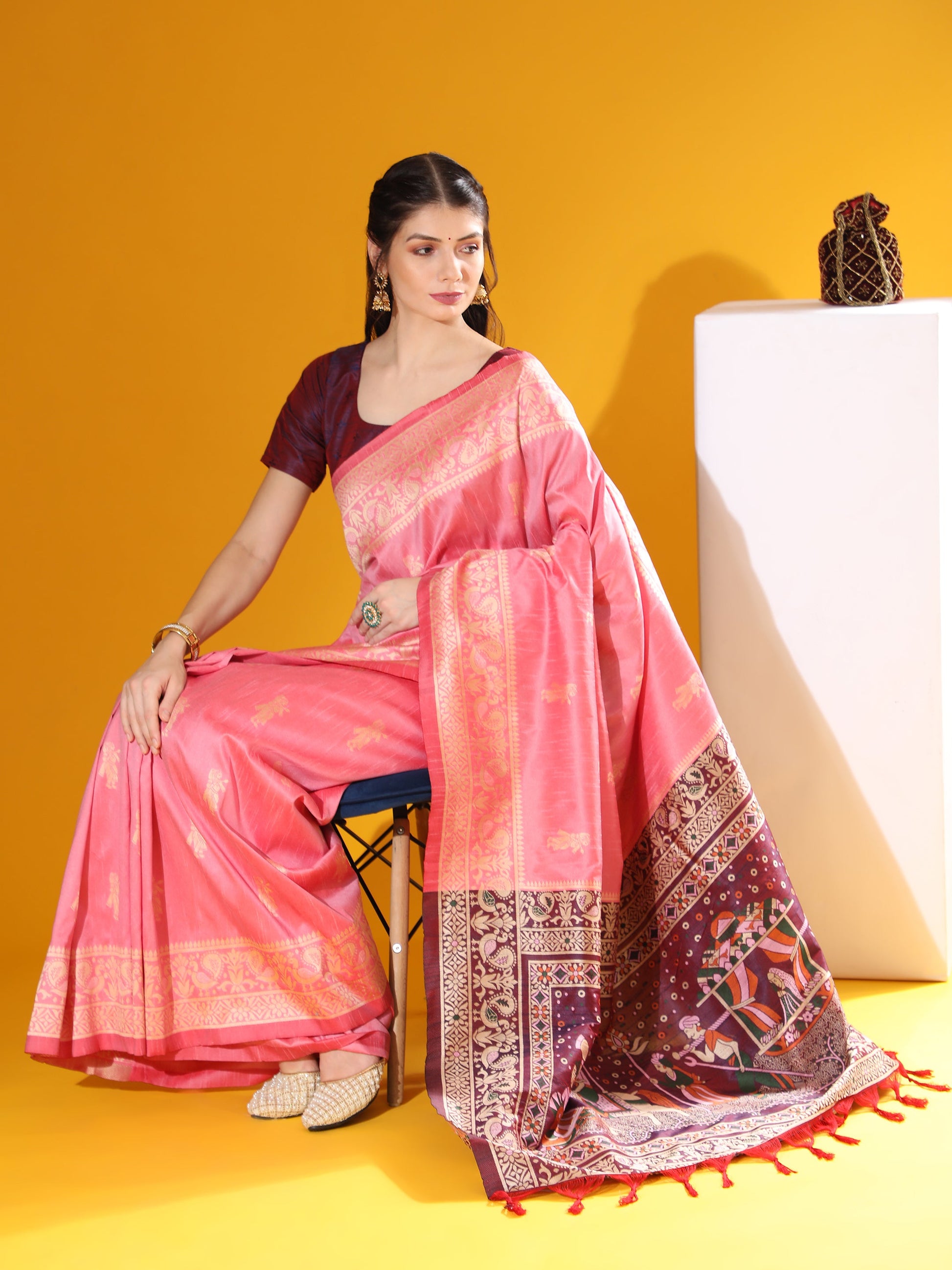 Jyoti Fashion Women's Pink Soft Raw Silk Tow Tone Weaving Traditional Saree with Blouse | Swadesiicart