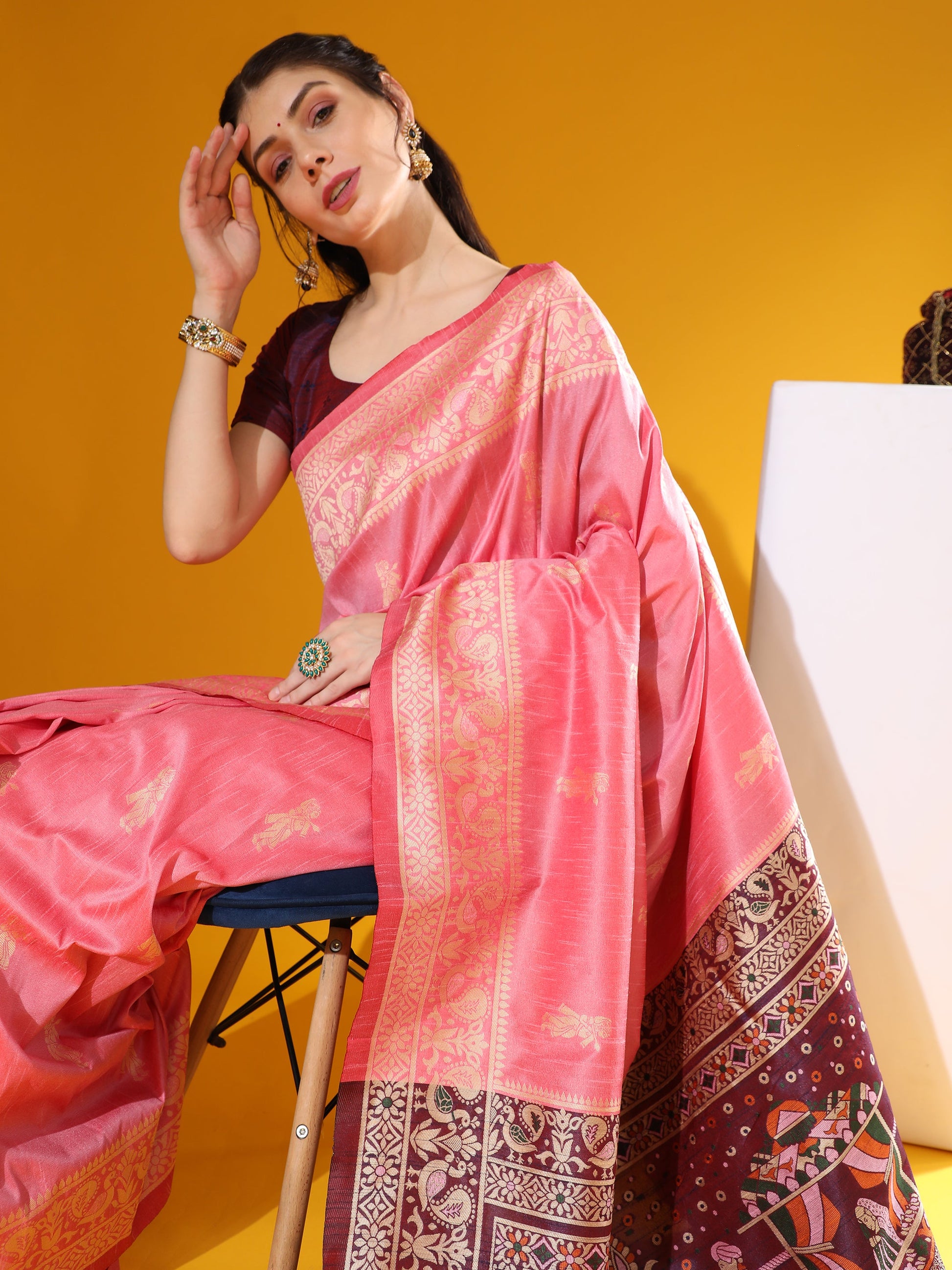 Jyoti Fashion Women's Pink Soft Raw Silk Tow Tone Weaving Traditional Saree with Blouse | Swadesiicart