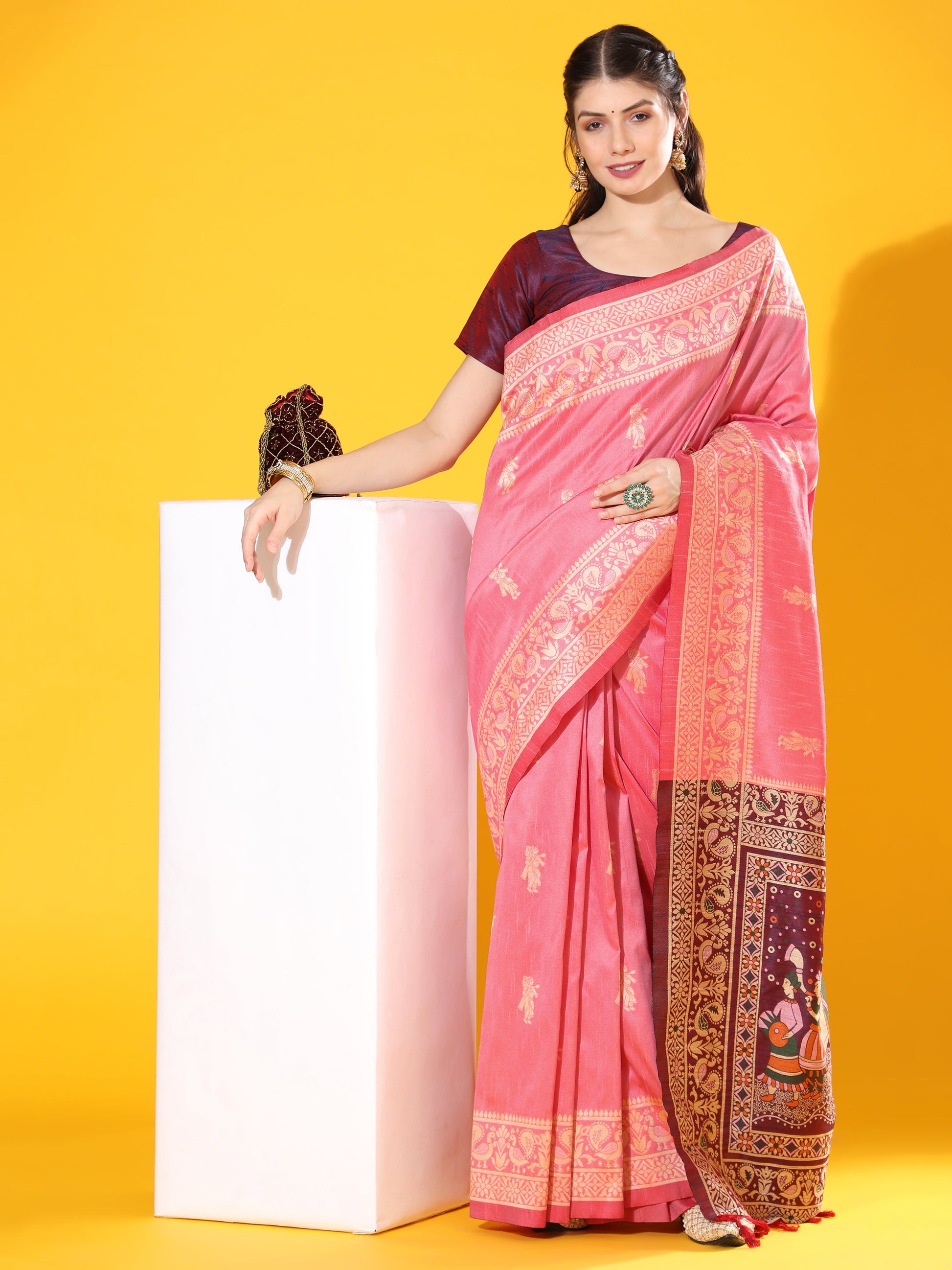 Jyoti Fashion Women's Pink Soft Raw Silk Tow Tone Weaving Traditional Saree with Blouse | Swadesiicart