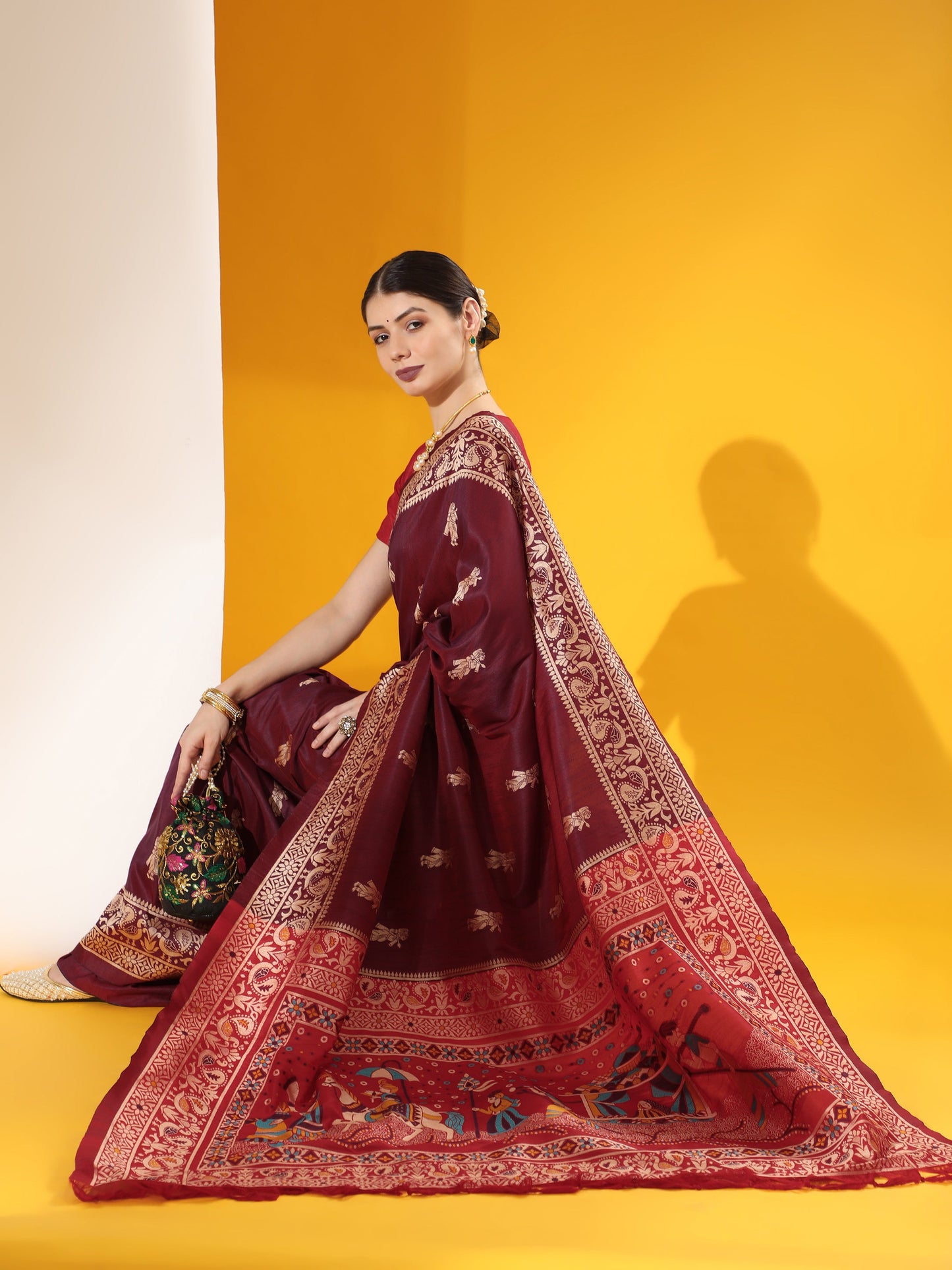 Jyoti Fashion Women's Wine Soft Raw Silk Tow Tone Weaving Traditional Saree with Blouse | Swadesiicart