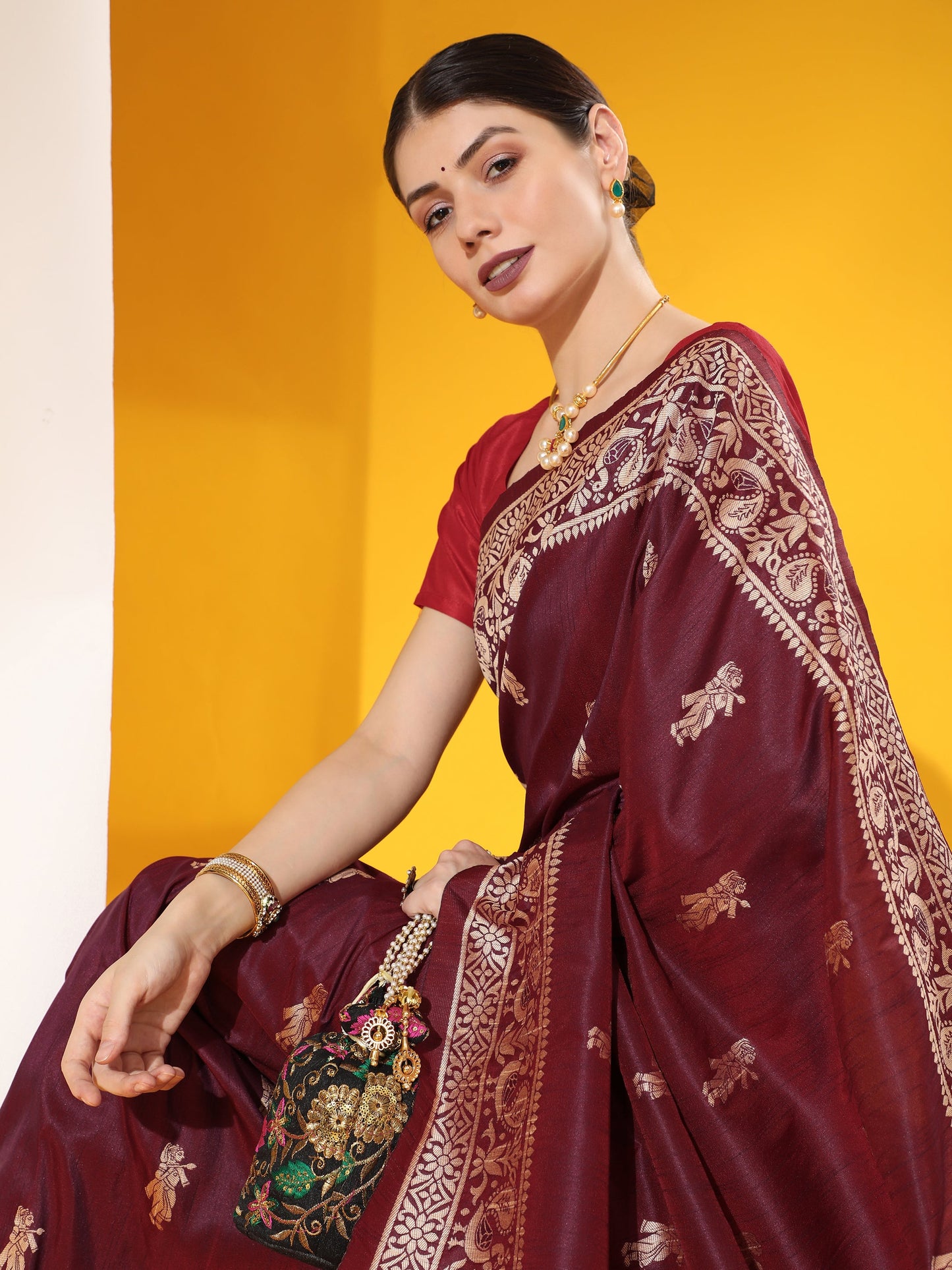 Jyoti Fashion Women's Wine Soft Raw Silk Tow Tone Weaving Traditional Saree with Blouse | Swadesiicart