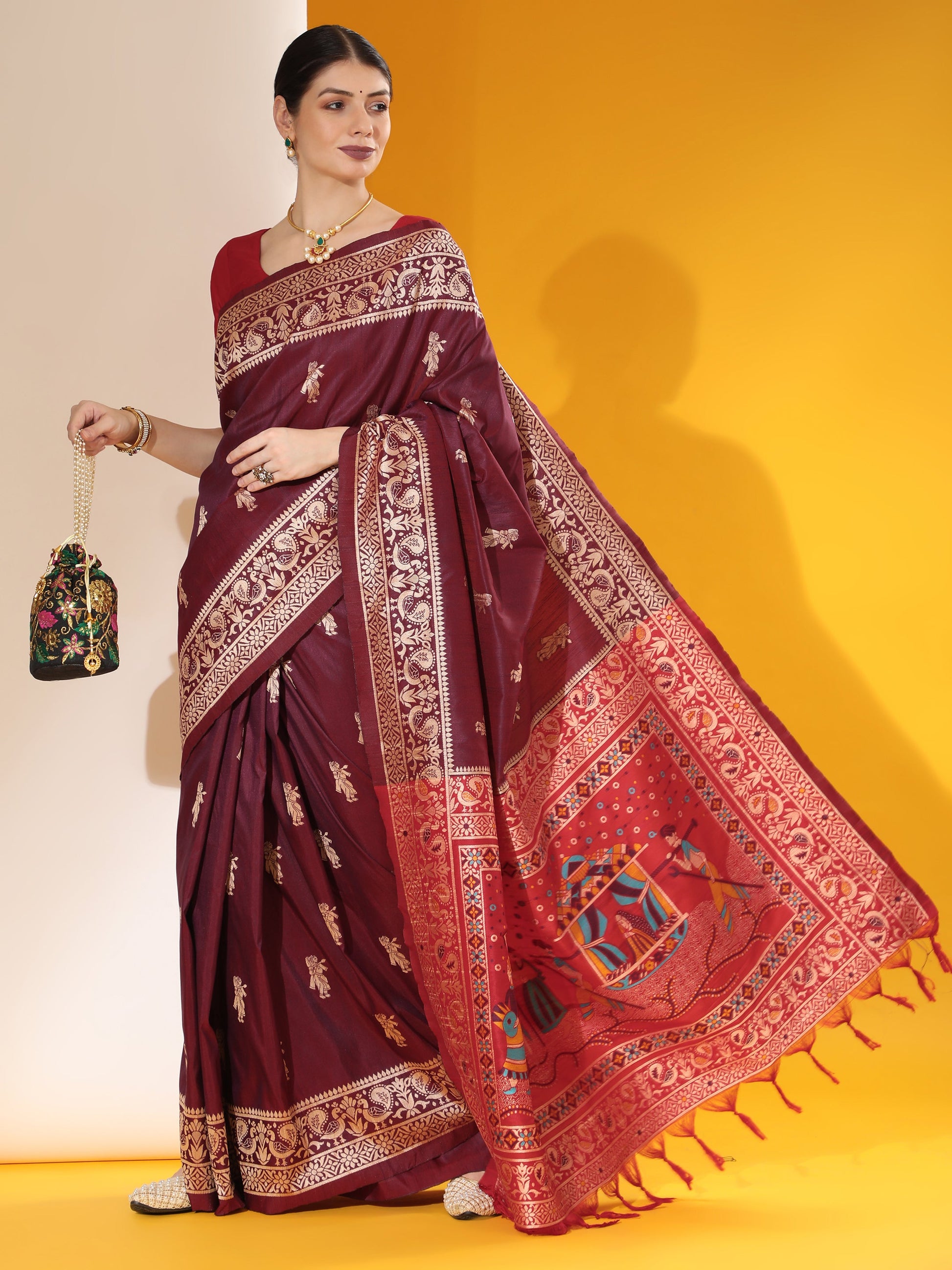 Jyoti Fashion Women's Wine Soft Raw Silk Tow Tone Weaving Traditional Saree with Blouse | Swadesiicart
