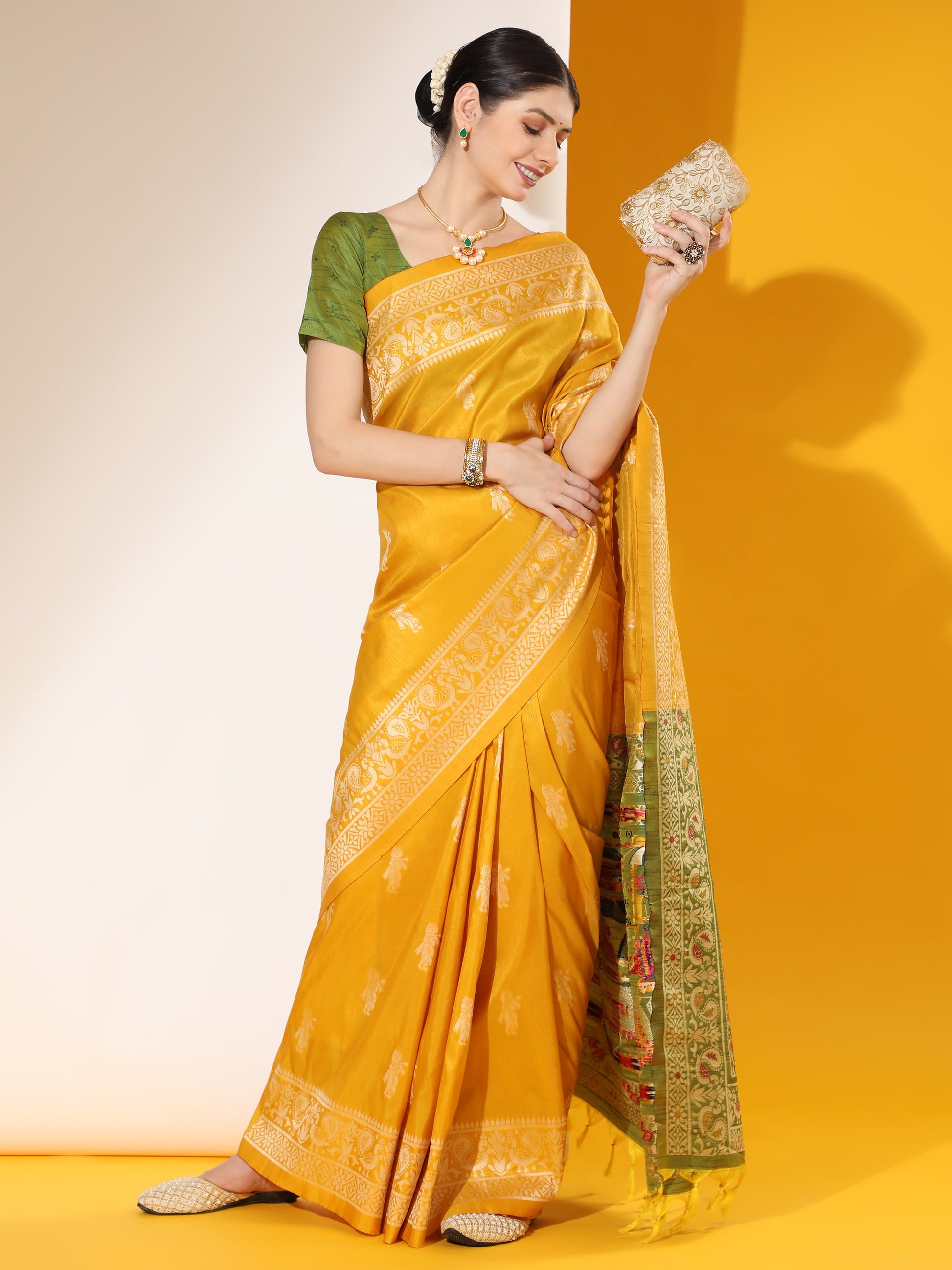Jyoti Fashion Women's Yellow Soft Raw Silk Tow Tone Weaving Traditional Saree with Blouse | Swadesiicart