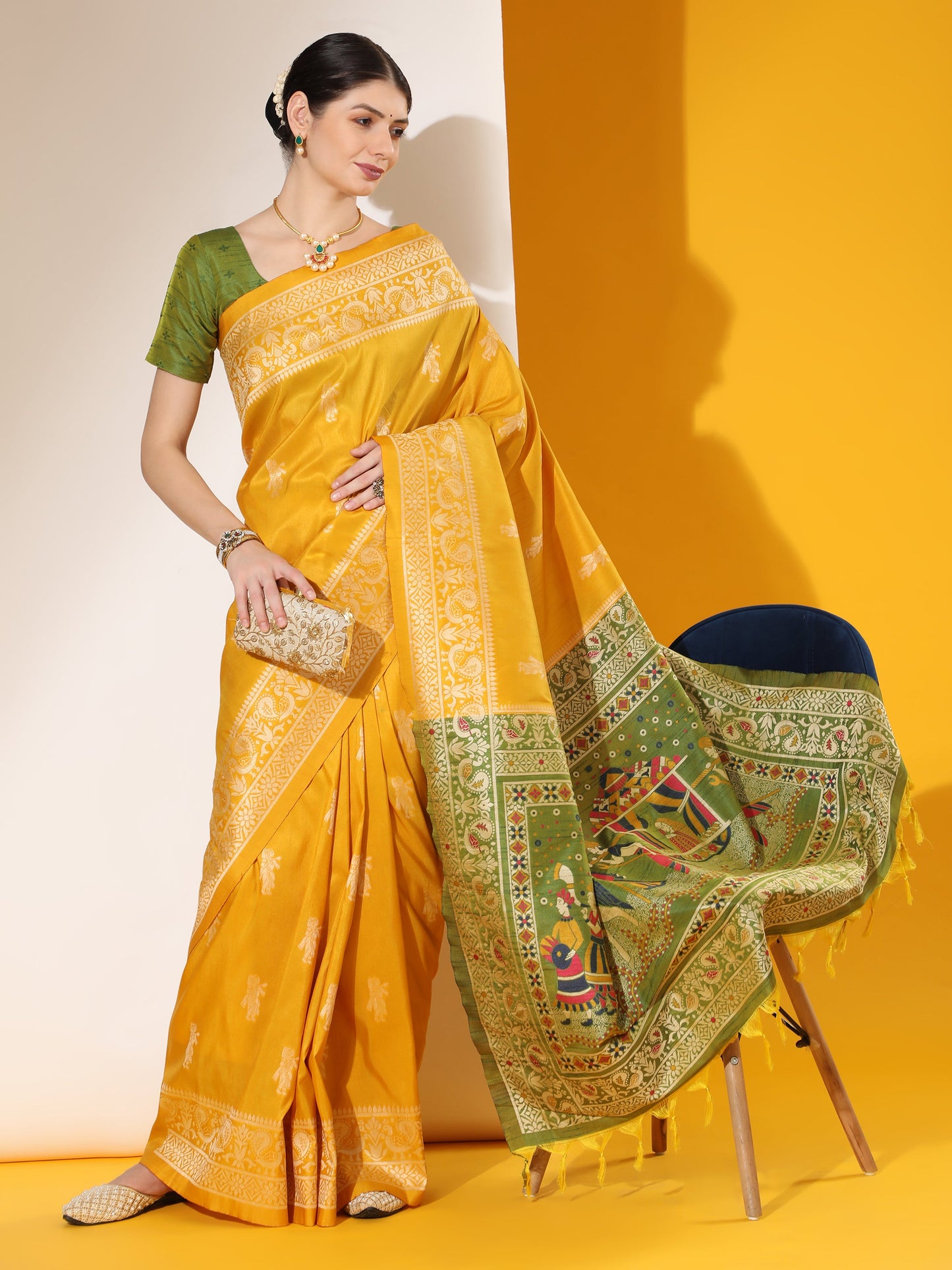Jyoti Fashion Women's Yellow Soft Raw Silk Tow Tone Weaving Traditional Saree with Blouse | Swadesiicart