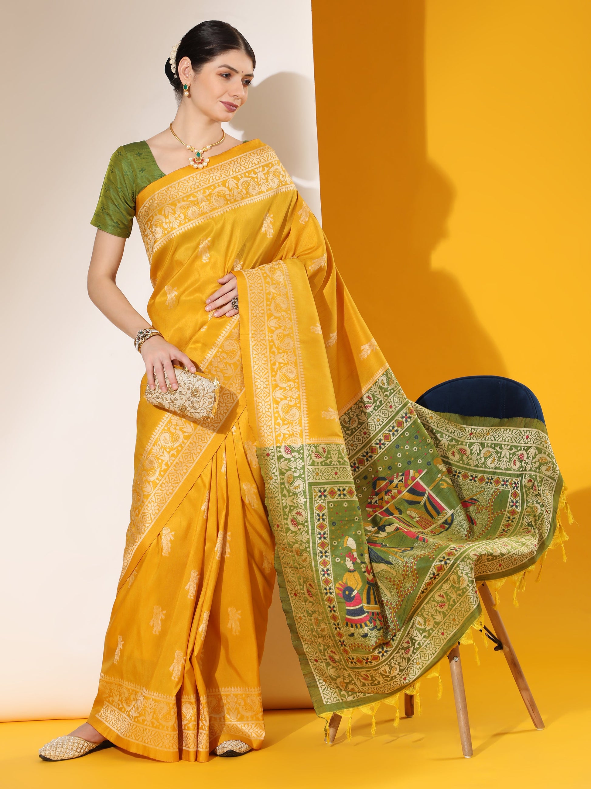 Jyoti Fashion Women's Yellow Soft Raw Silk Tow Tone Weaving Traditional Saree with Blouse | Swadesiicart