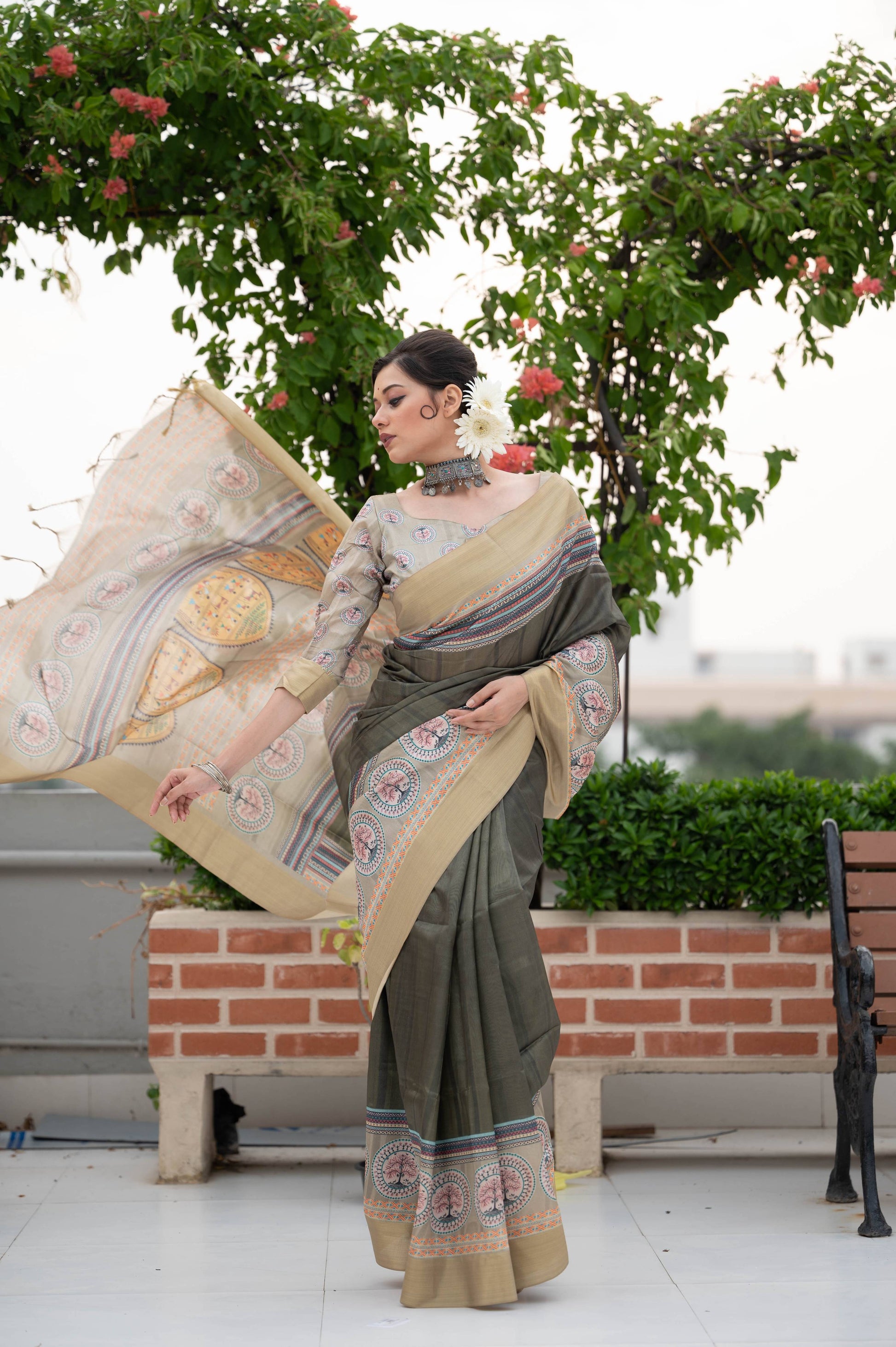 Jyoti Fashion Women's Verdun Green Soft Tussar Silk Traditional Print & Zari Border Saree with Blouse | Swadesiicart