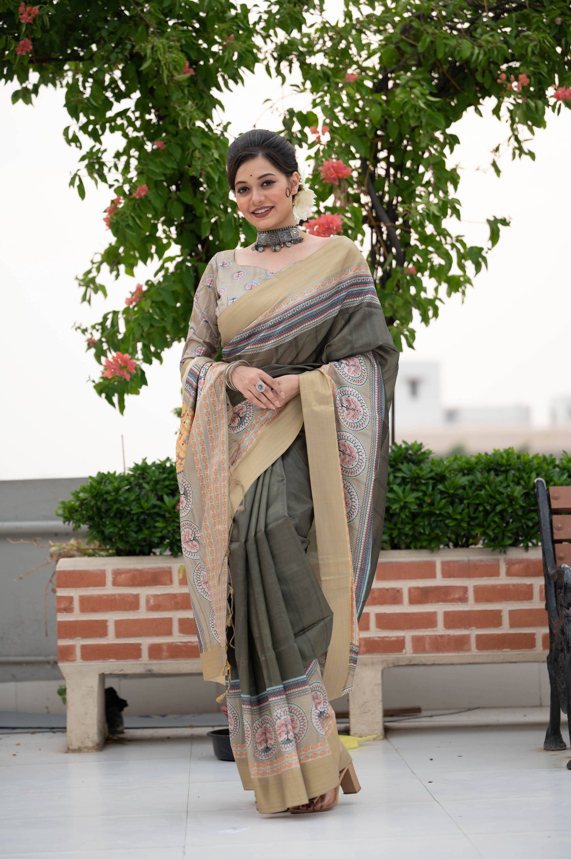Jyoti Fashion Women's Verdun Green Soft Tussar Silk Traditional Print & Zari Border Saree with Blouse | Swadesiicart
