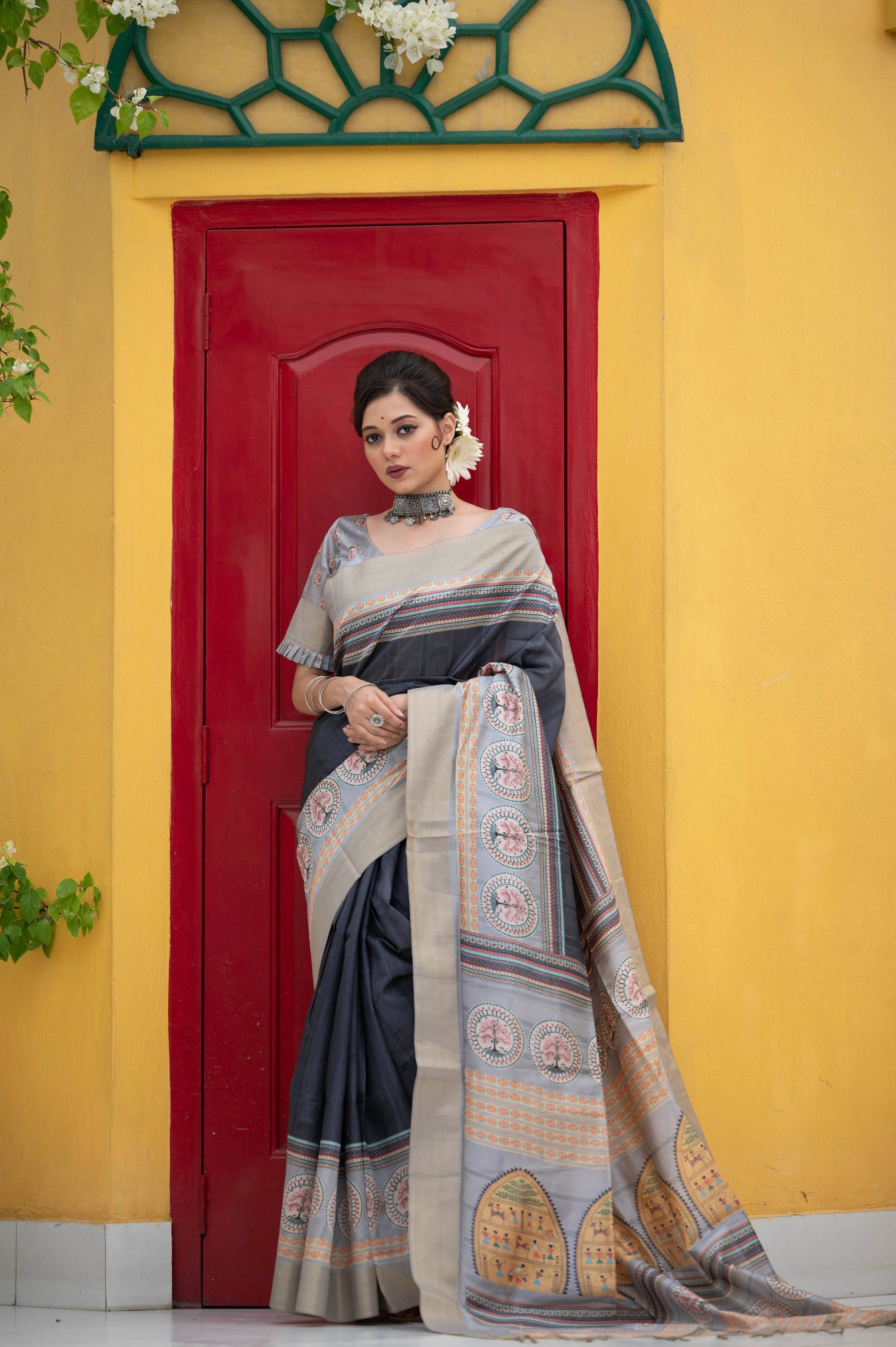 Jyoti Fashion Women's Black Soft Tussar Silk Traditional Print & Zari Border Saree with Blouse | Swadesiicart