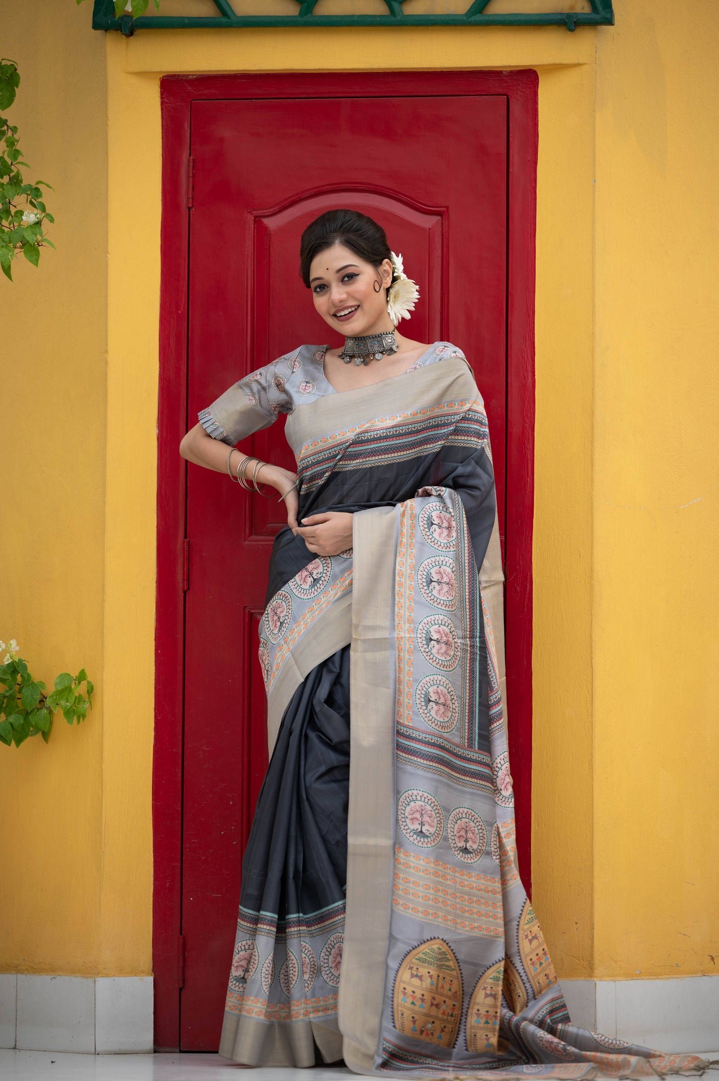Jyoti Fashion Women's Black Soft Tussar Silk Traditional Print & Zari Border Saree with Blouse | Swadesiicart