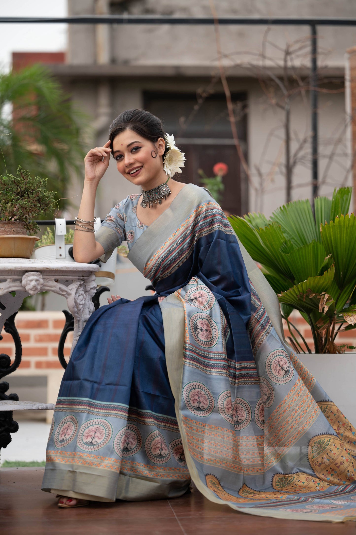 Jyoti Fashion Women's Navy Blue Soft Tussar Silk Traditional Print & Zari Border Saree with Blouse | Swadesiicart