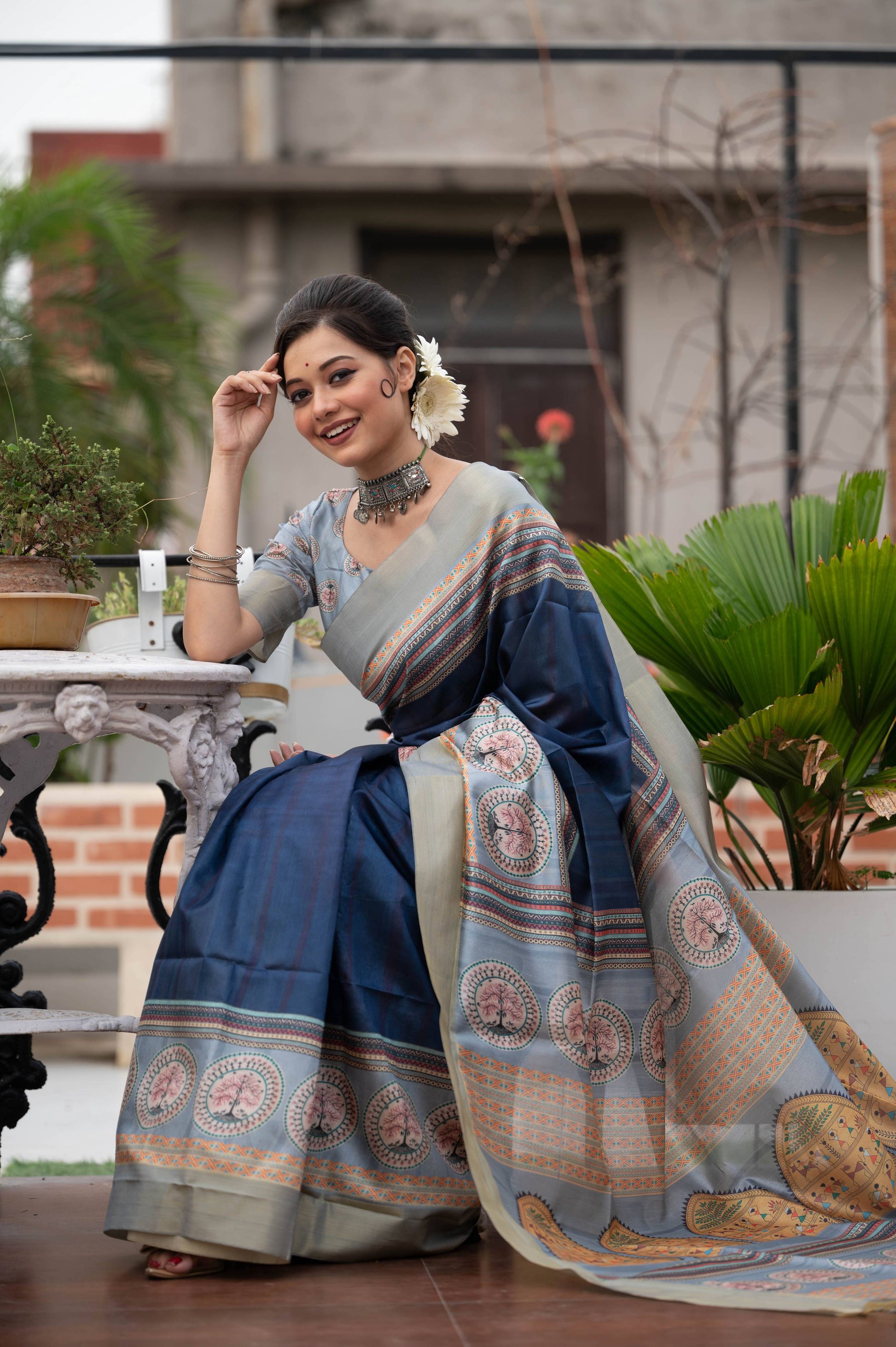 Jyoti Fashion Women's Navy Blue Soft Tussar Silk Traditional Print & Zari Border Saree with Blouse | Swadesiicart