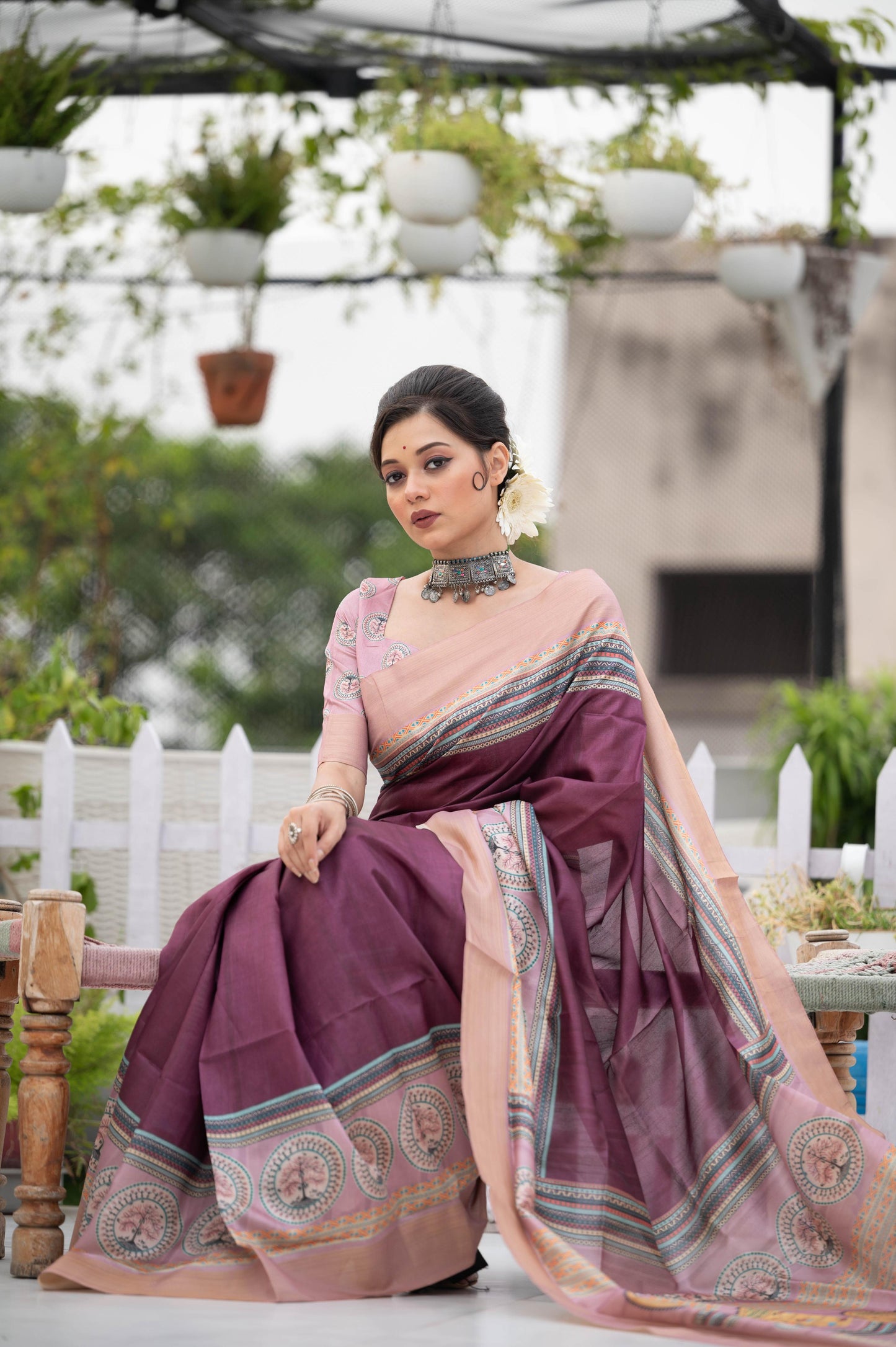 Jyoti Fashion Women's Wine Soft Tussar Silk Traditional Print & Zari Border Saree with Blouse | Swadesiicart
