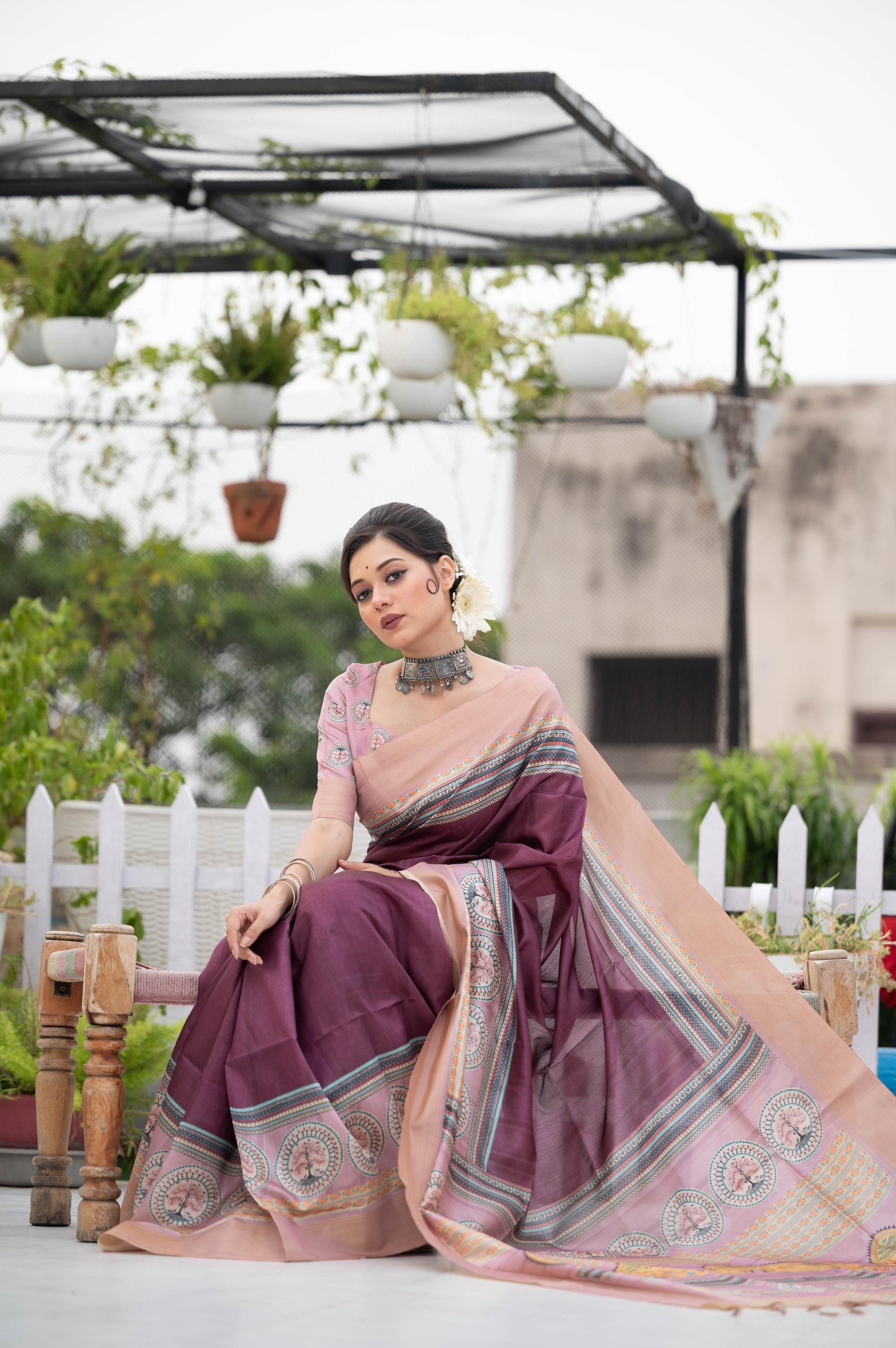 Jyoti Fashion Women's Wine Soft Tussar Silk Traditional Print & Zari Border Saree with Blouse | Swadesiicart