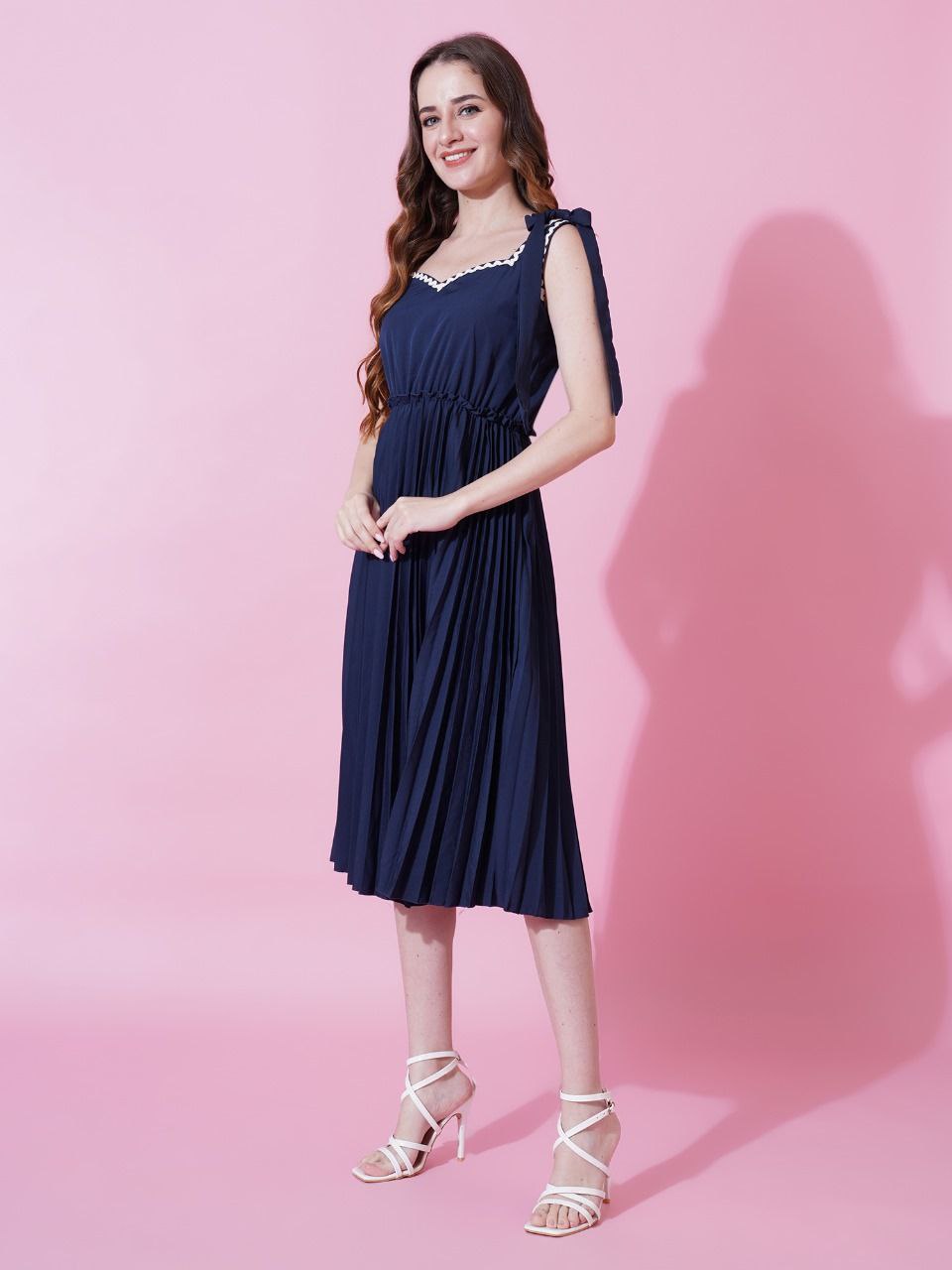 Jyoti Fashion Women's Navy Blue Heavy Crepe Crushed Flared Western Dress | Swadesiicart