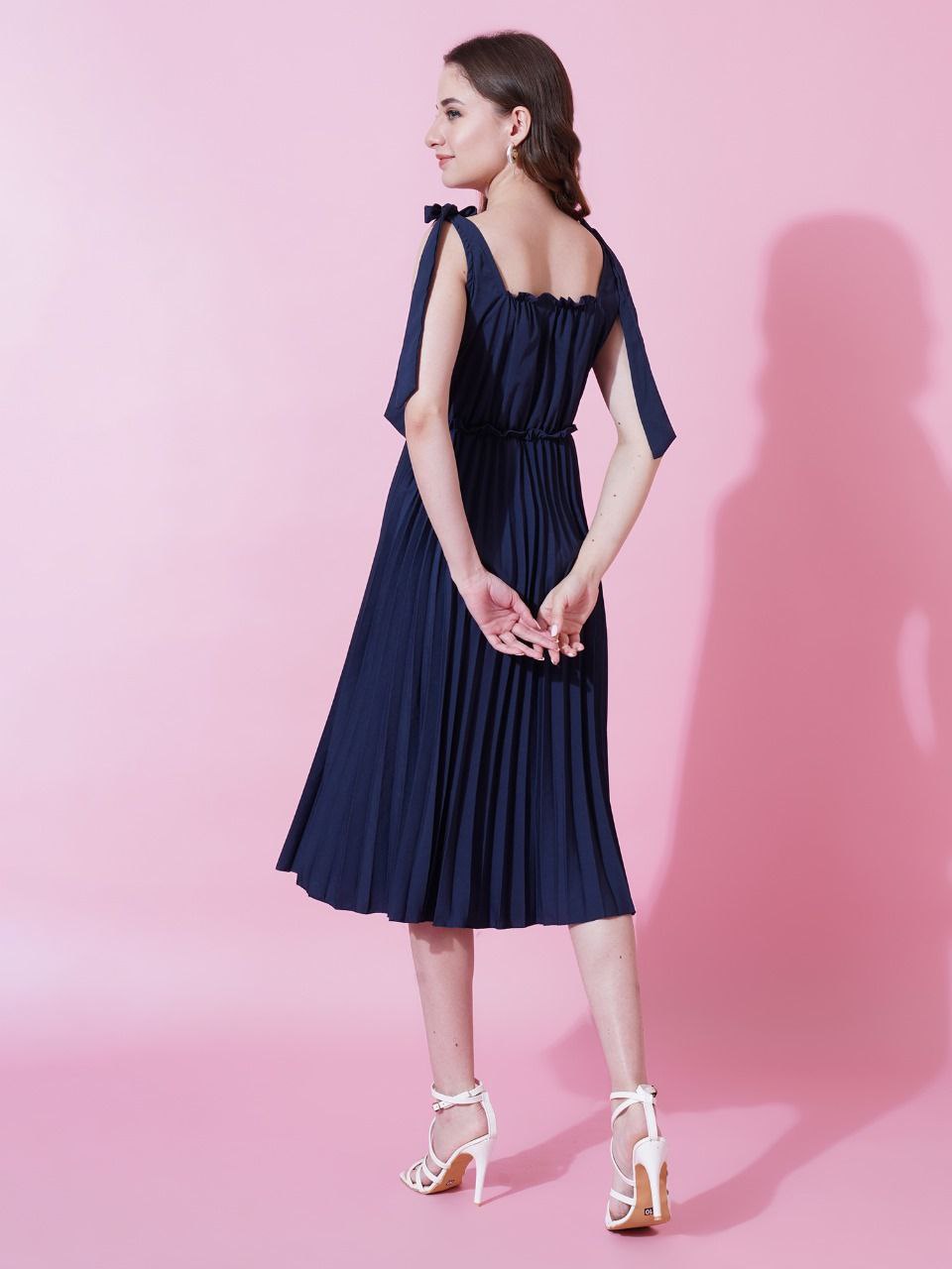Jyoti Fashion Women's Navy Blue Heavy Crepe Crushed Flared Western Dress | Swadesiicart