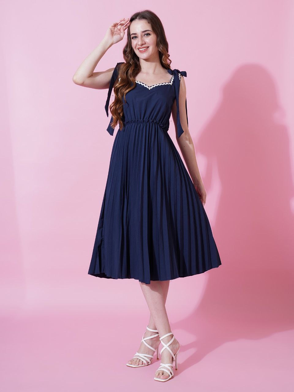 Jyoti Fashion Women's Navy Blue Heavy Crepe Crushed Flared Western Dress | Swadesiicart