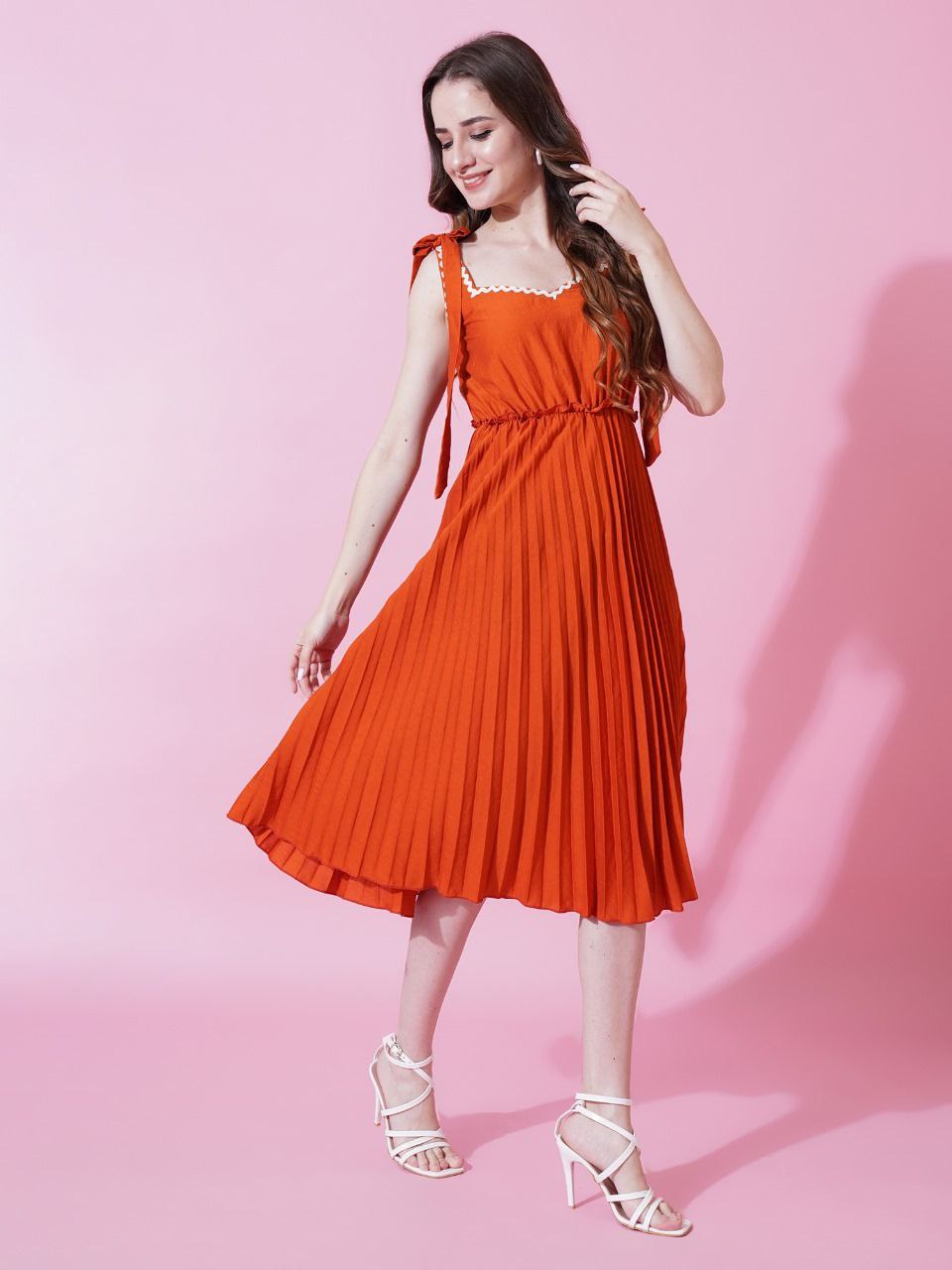 Jyoti Fashion Women's Orange Heavy Crepe Crushed Flared Western Dress | Swadesiicart