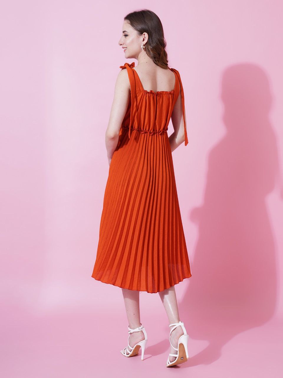 Jyoti Fashion Women's Orange Heavy Crepe Crushed Flared Western Dress | Swadesiicart