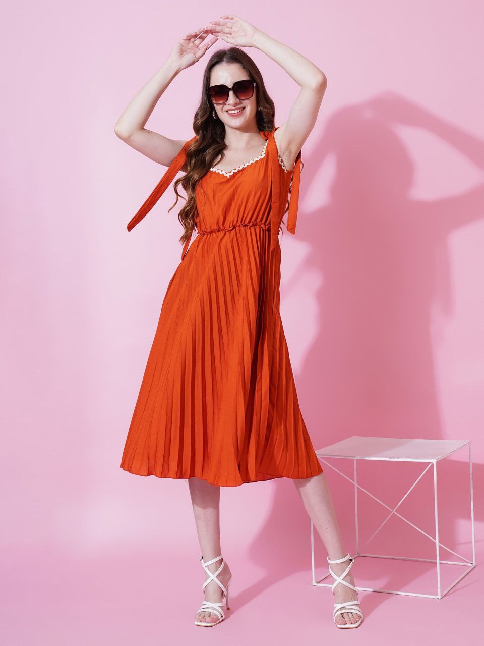 Jyoti Fashion Women's Orange Heavy Crepe Crushed Flared Western Dress | Swadesiicart