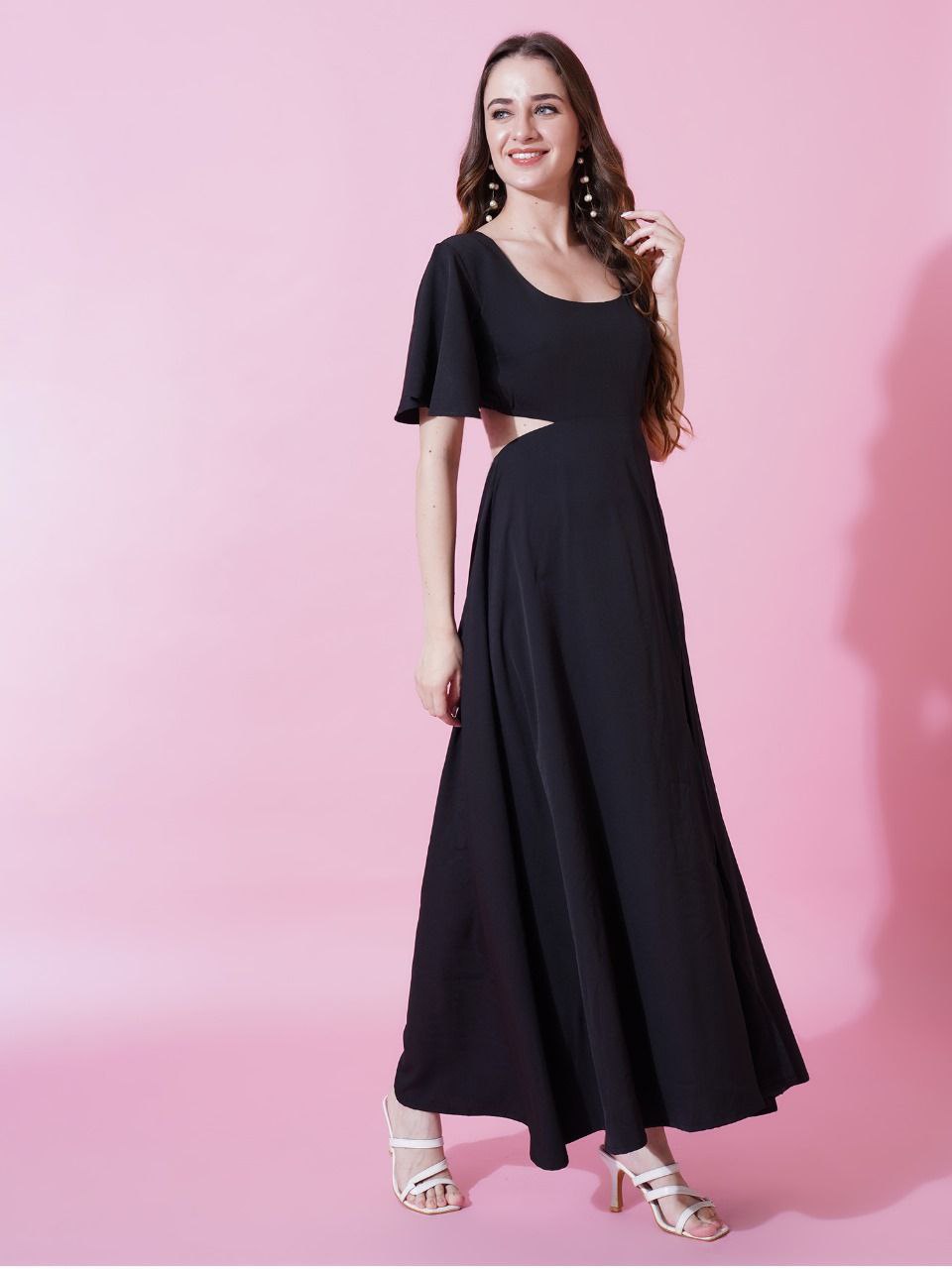 Jyoti Fashion Women's Black Crepe Waist Cut Flared Western Dress | Swadesiicart