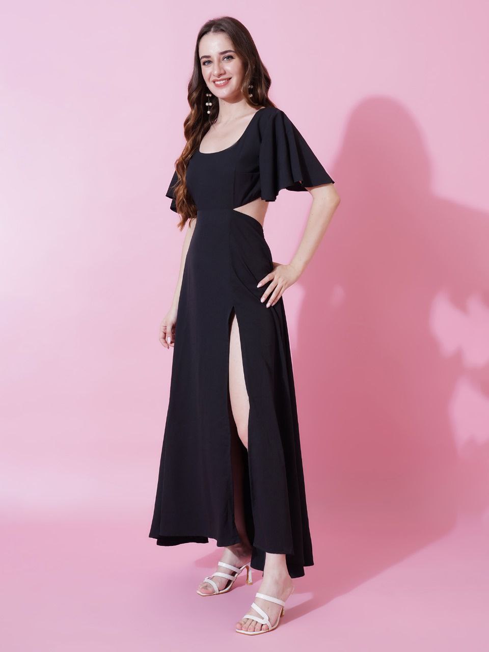 Jyoti Fashion Women's Black Crepe Waist Cut Flared Western Dress | Swadesiicart